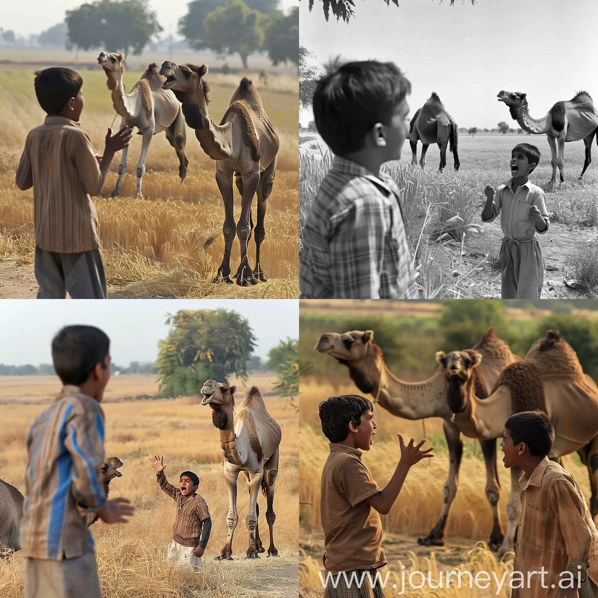 Imagine an indian village 15 year old boy shouting at marwari camelherd. 2 camels are grazing in a field of wheat in the background.