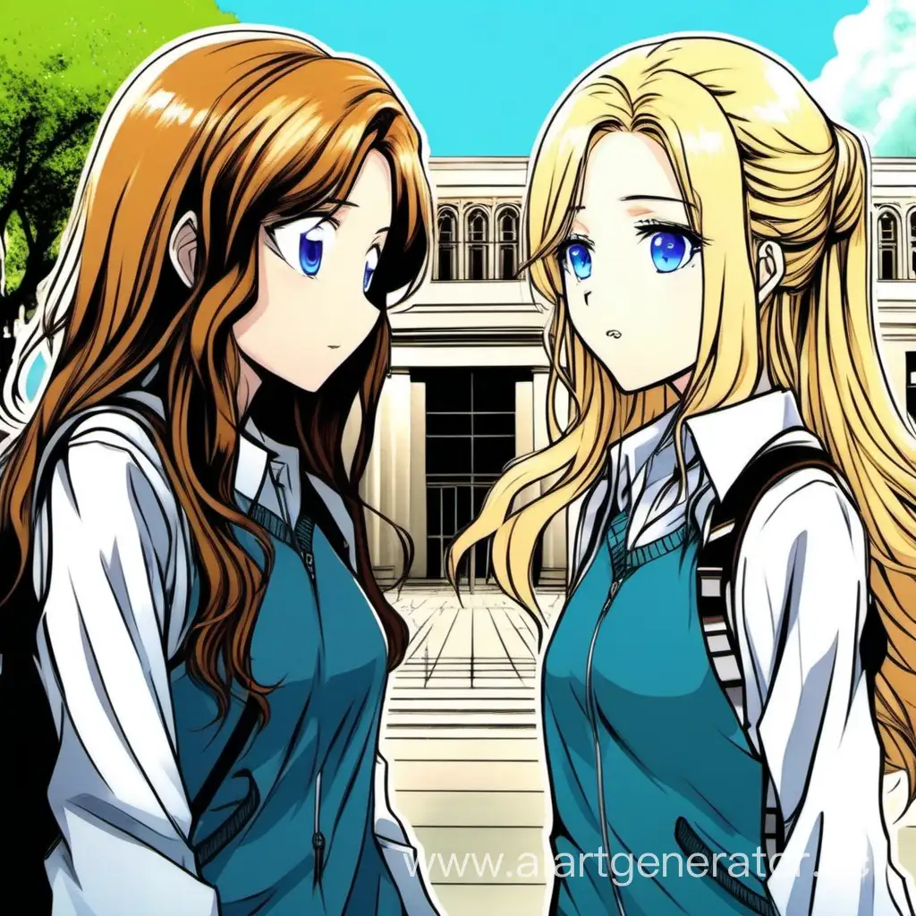 девушка с коричневыми волнистыми волосами и карими глазами разговаривает с девушкой блондинкой с длинными волосами и голубыми глазами на фоне университета в стиле японской манги