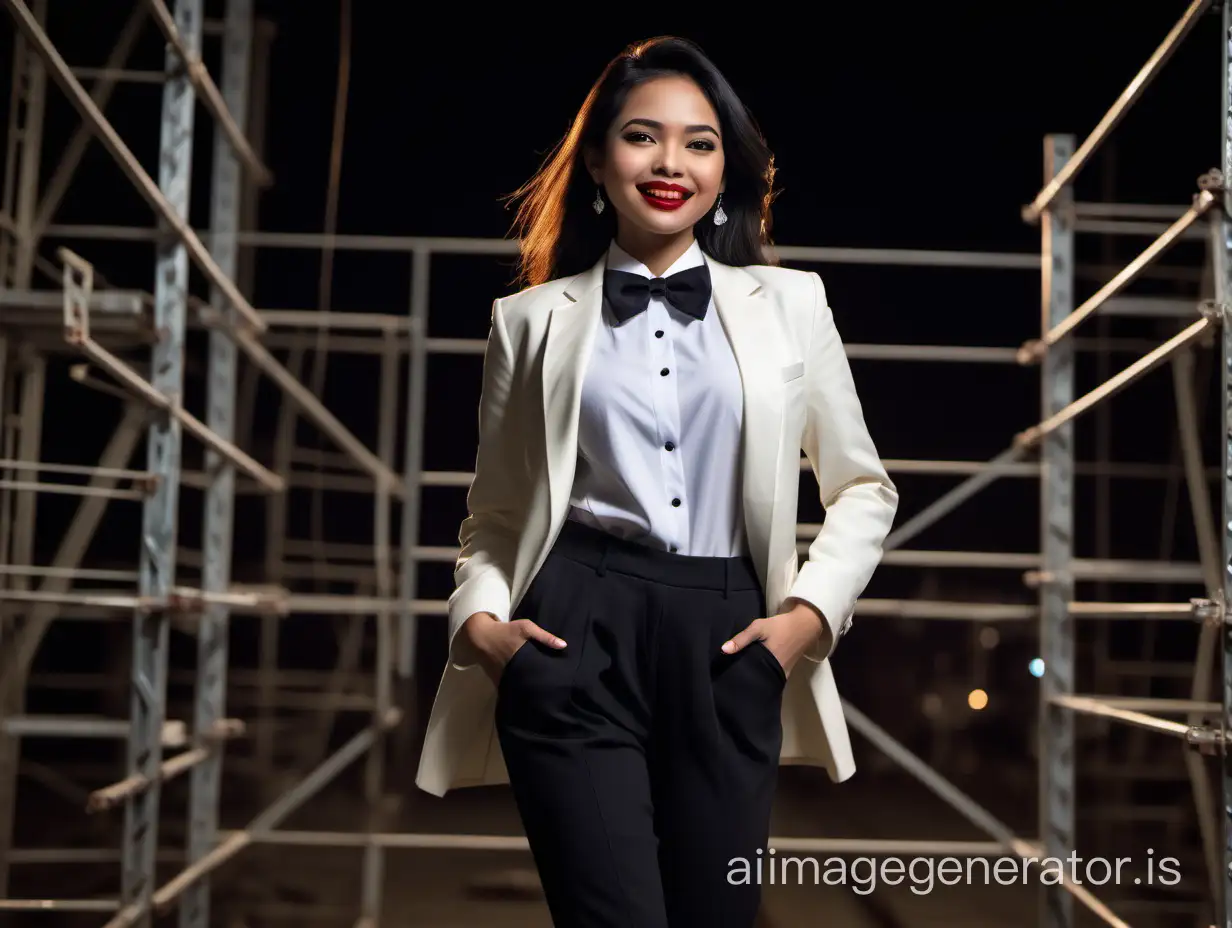 It is night. A stunning and cute and sophisticated and confident indonesian woman with shoulder length hair and  lipstick is walking toward the edge of a scaffold. he is facing forward. She is wearing an ivory tuxedo. Her pants are black. Her shirt is white. Her bowtie is black. Her shirt buttons are black and shiny. Her cufflinks are black. She is smiling and laughing. She is relaxed. Her jacket is open.