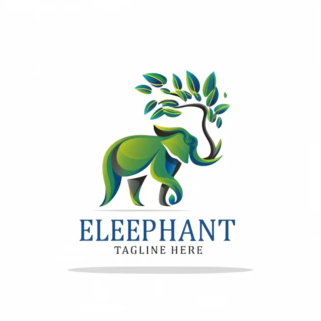 a logo design,with the text 'Random Logo', main symbol:modern green and blue elephant facing to the right standing under a single tree on the right that extends its branches over the elephant,Moderate,be used in Technology industry,clear background