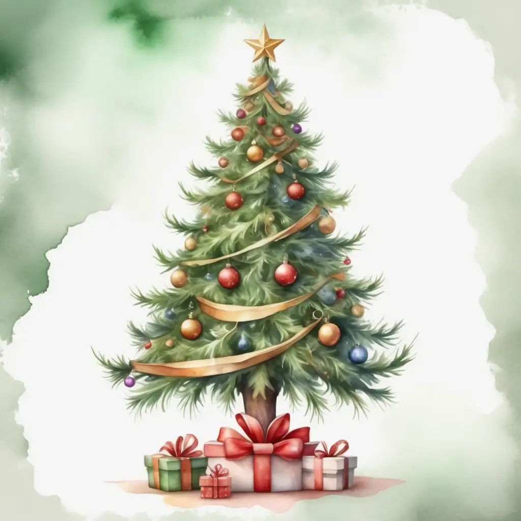 Realistic Adorned Christmas Tree in Enchanting Watercolor Style