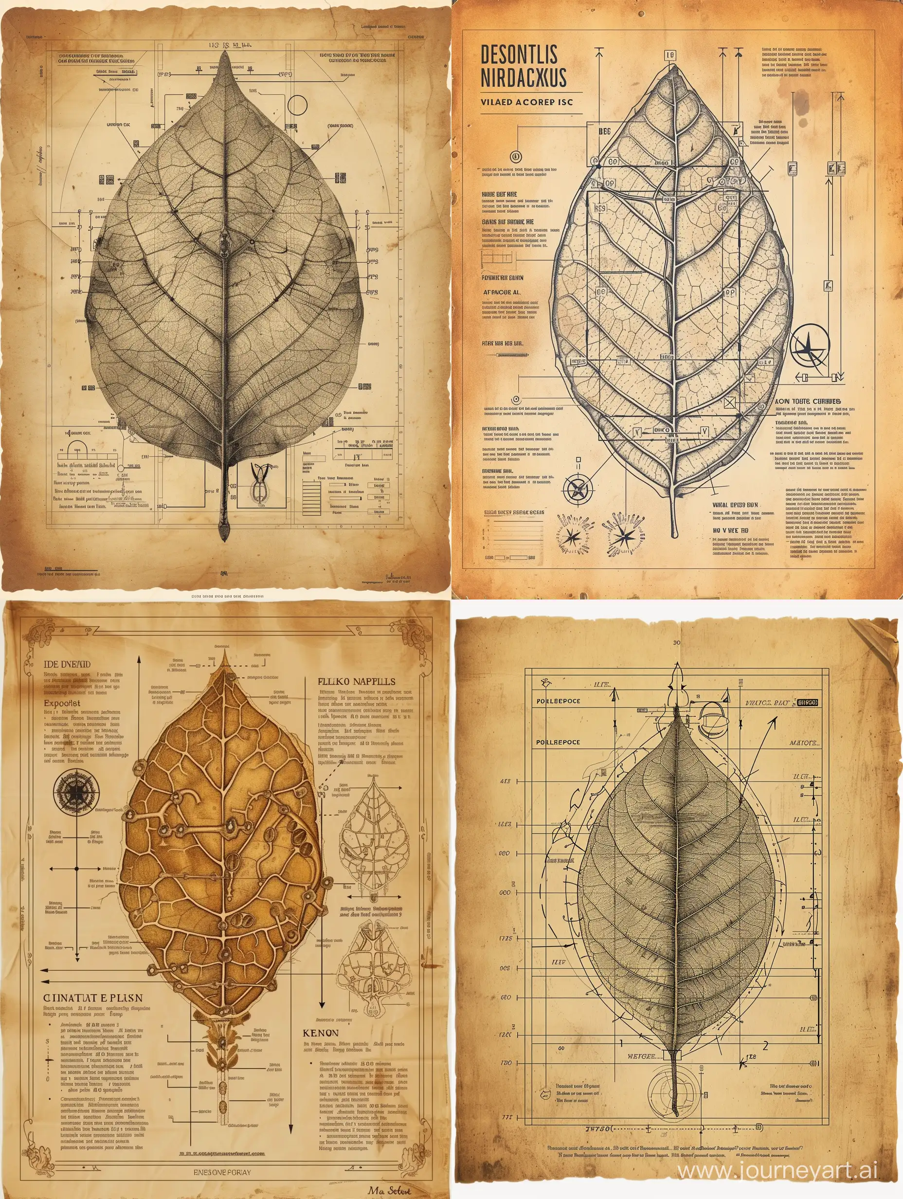 vintage scientific poster, with flat illustration featuring the anatomy of a gingko leaf, schematics viewed from front on weathered blueprint parchment paper, illustration drafting style, detailed and intricate with callout texts, leaders, arrows, with dimensions and titleblocks and section bubbles