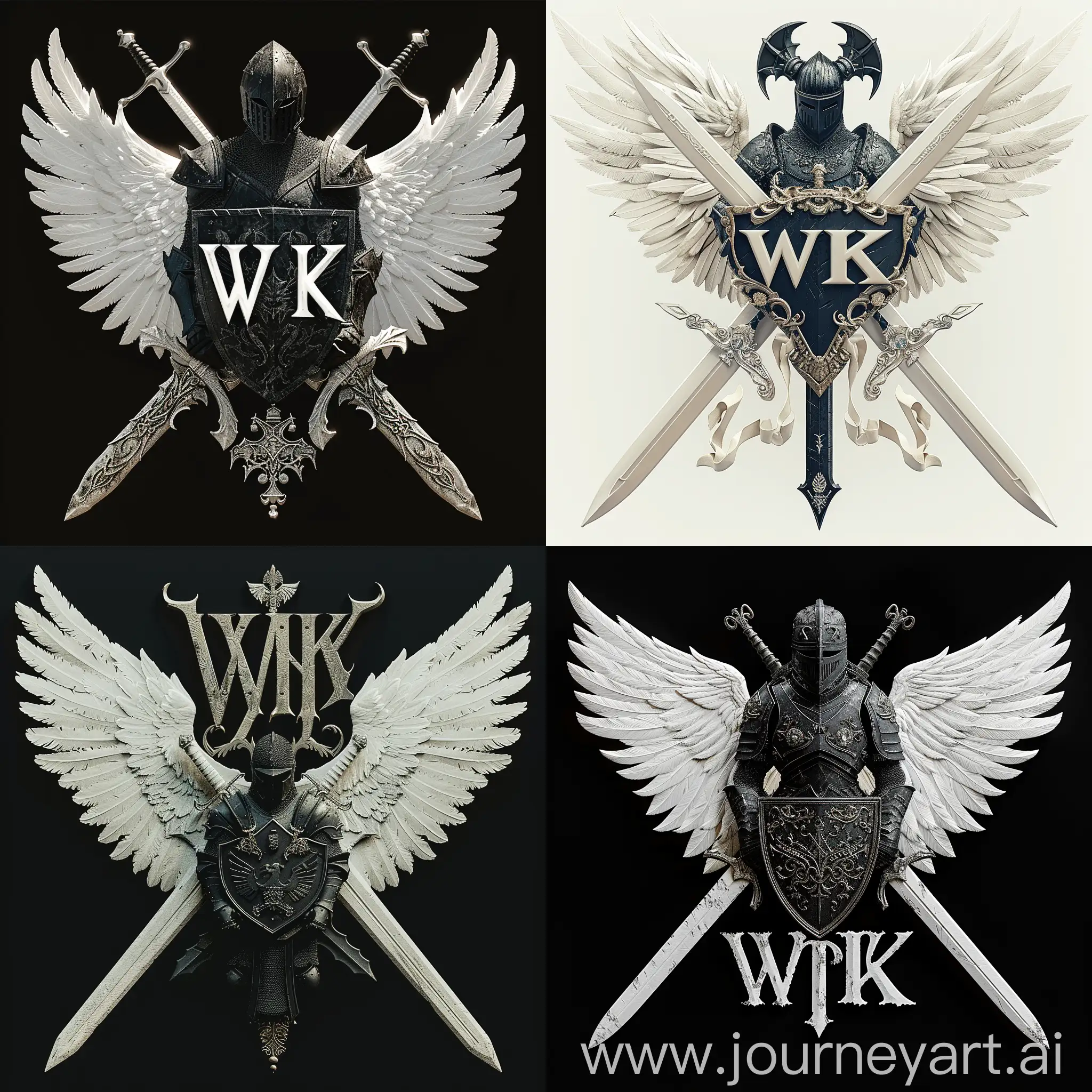 логотип "WK", где буквы "WK" стилизованы в форме двух переплетающихся мечей с орнаментами на лезвиях, белые мечи, белые крылья, между мечами изображен черный рыцарь в боевой позе держащий в руках щит и меч, рыцарь представлен в доспехах с символикой, отражающей его мощь и благородство, цветовая гамма белый мечи, черный рыцаря, готический шрифт "WK" в форме мечей, --quality 3 --s 350