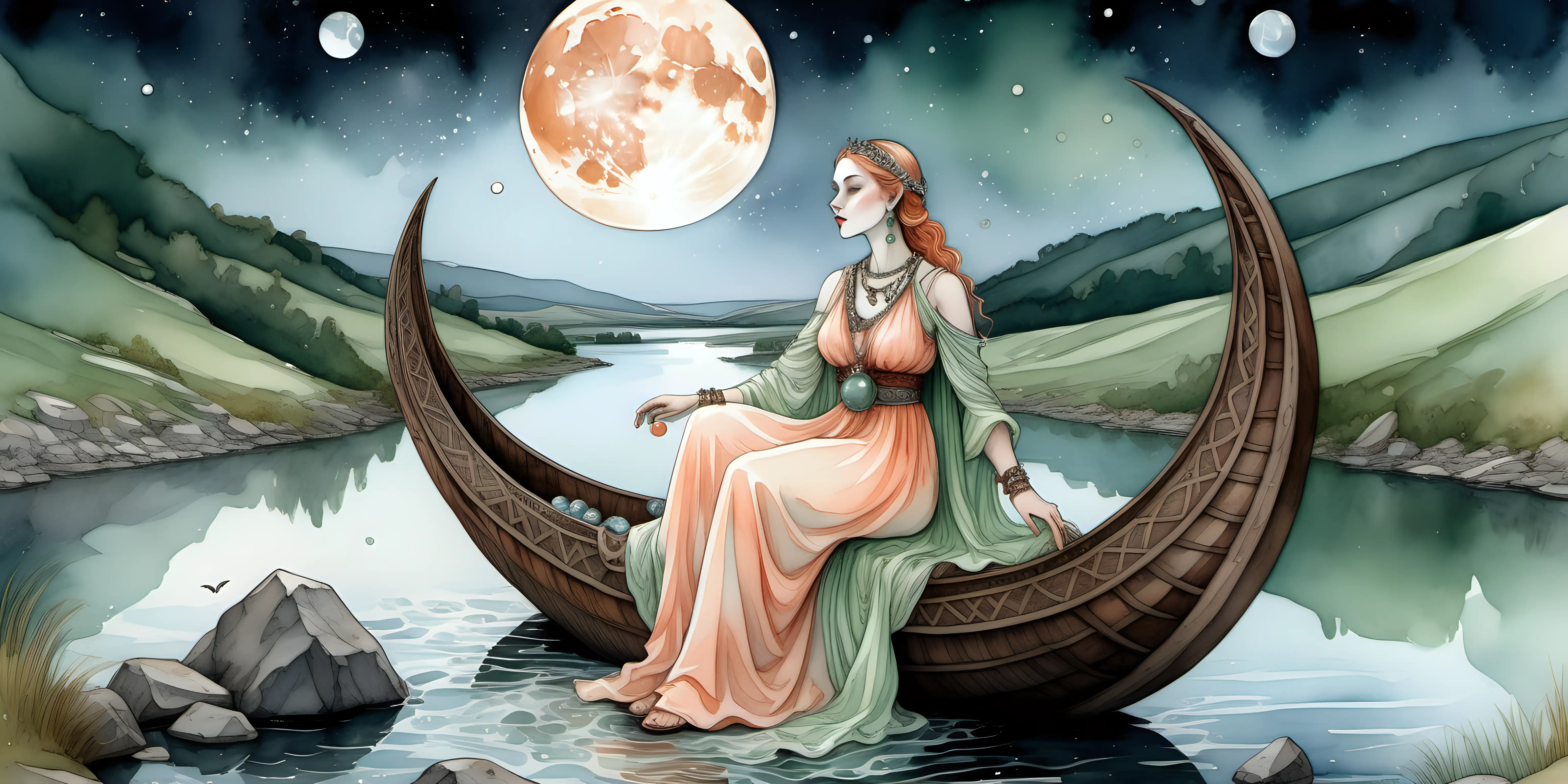 
A water colour painting of a  Lady of the Lake is wearing a pastel peach & pastel green coloured silky dress, pearl & carnelian earrings & matching necklace, a lacy shawl around her waist, holding a crystal ball , she is sitting in a viking ship floating on the calm serene river , there are rune stones along the river bank, it is a moonlit night , bats are flying across the moon.