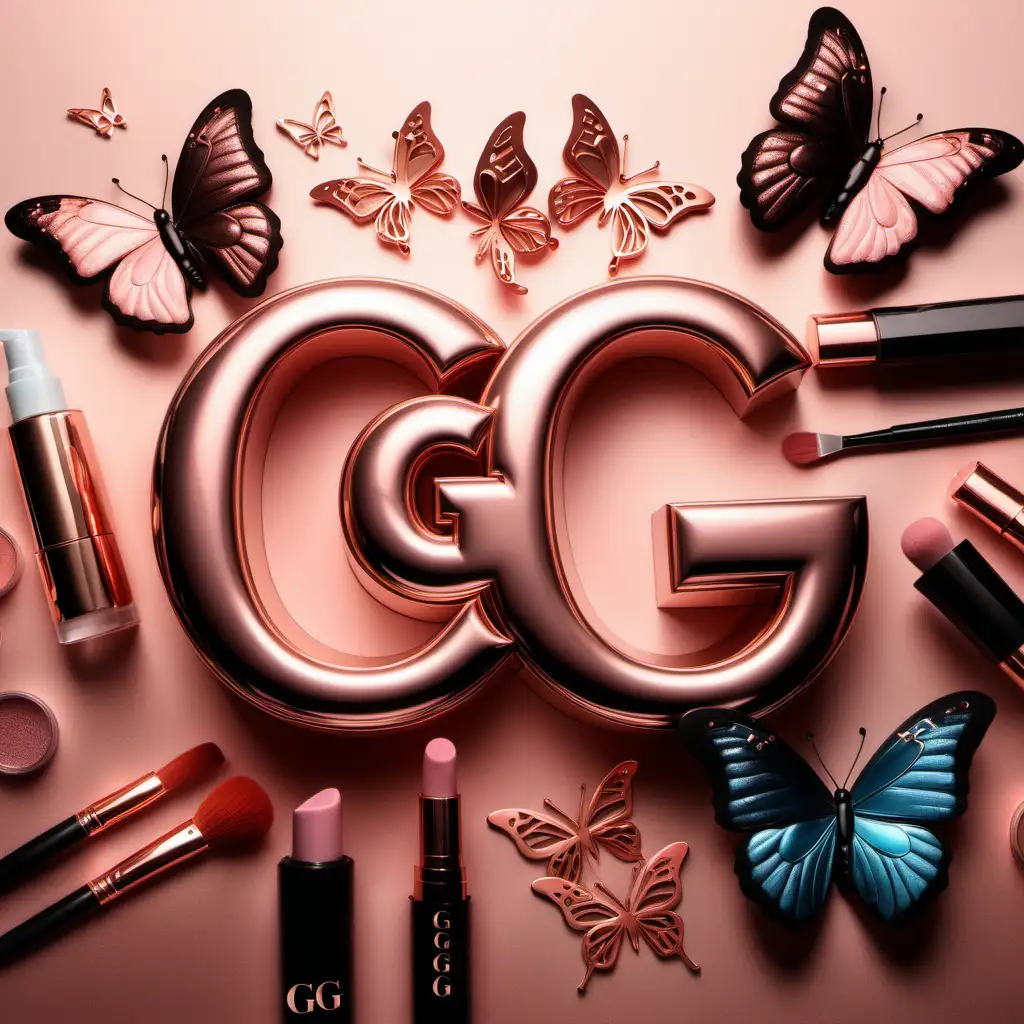 Create an image of the name "GG" with a rose gold and smoke background with intertwined rose gold makeup supplies, colorful butterflies and flowers