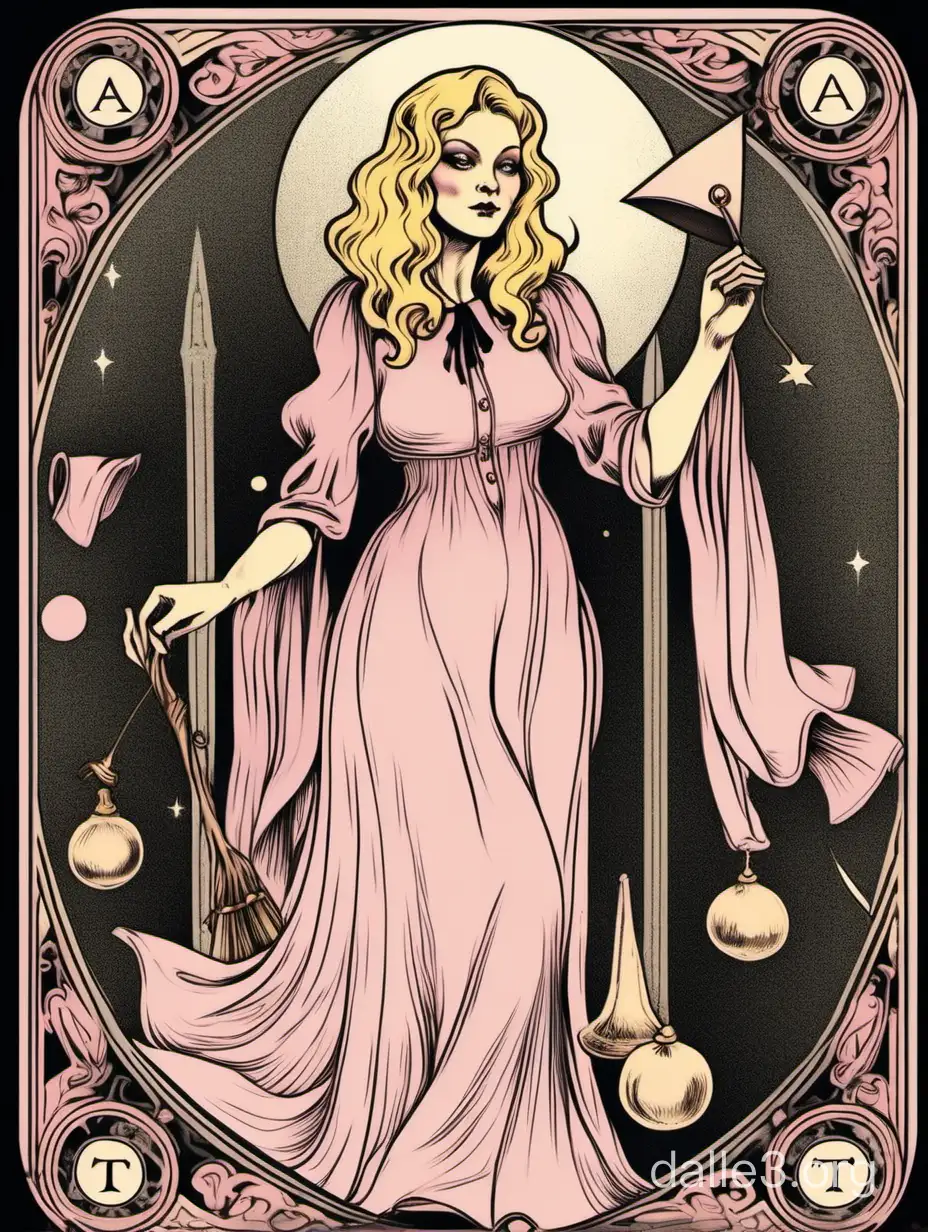tarot style, antique style, drawing of a blonde witch, pale pink clothes.