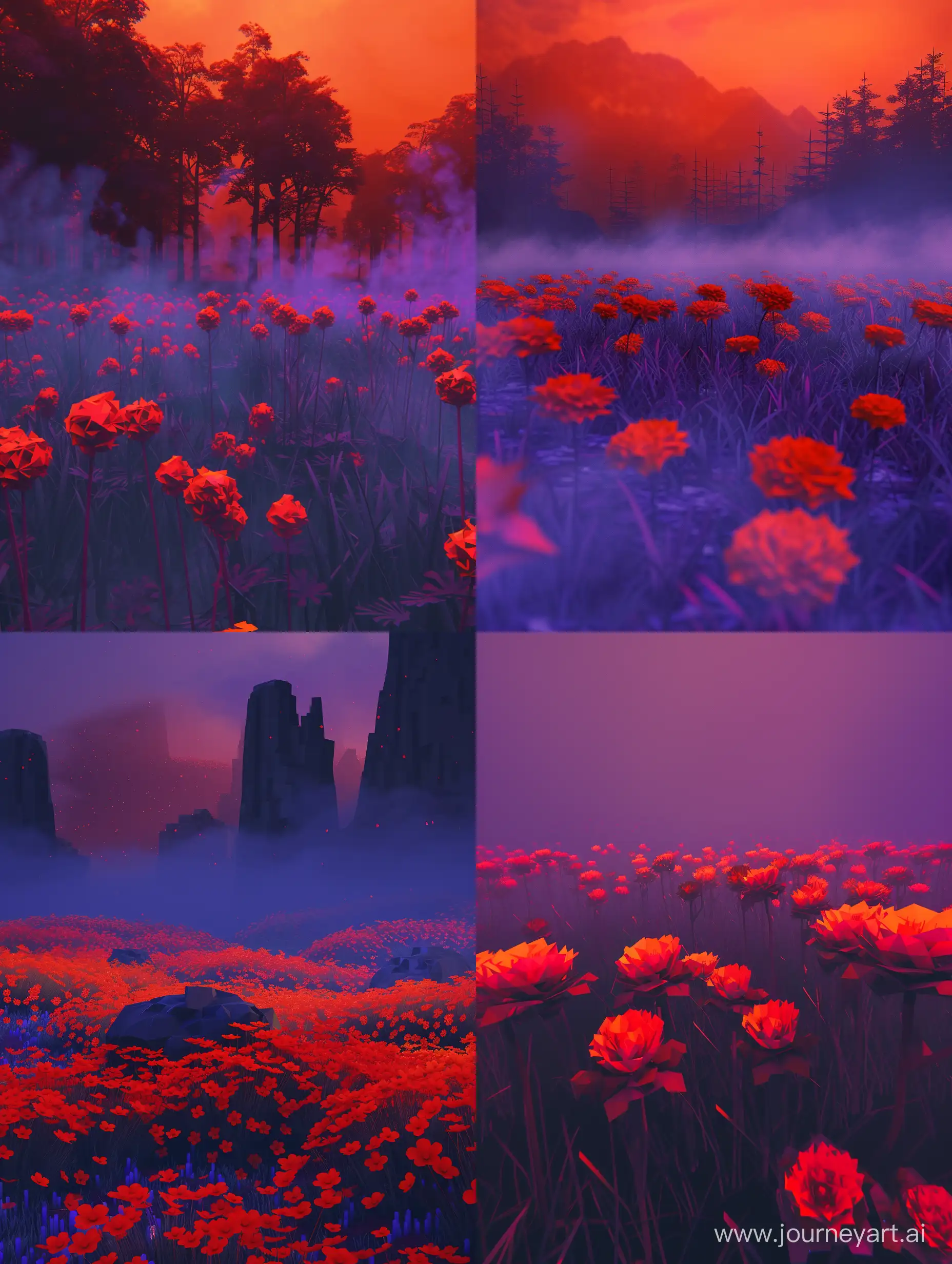 red orange purple 1990s video game flower field landscape scene, nostalgia, nighttime, fog, haunting, low poly, computer graphics, digital glitch