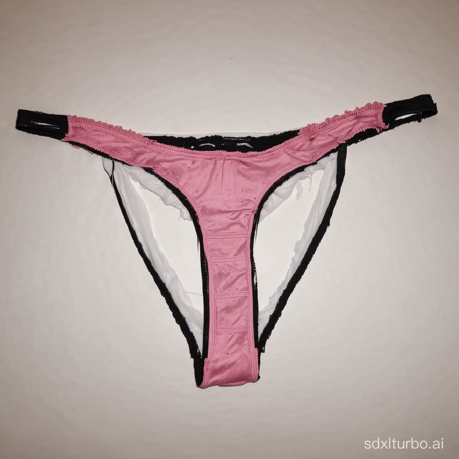 A dirty stained Pink and black thong laying on a bed, white cotton liner is showing with stains.