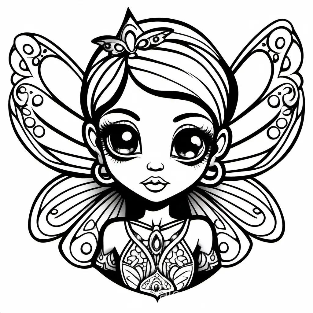 line work, coloring book, big eyes big head round face of a punk rock style very cute fairy, mandala, black and white, thick lines, vector file, Coloring Page, black and white, line art, white background, Simplicity, Ample White Space. make the fairy's wings fit on the page, Coloring Page, black and white, line art, white background, Simplicity, Ample White Space. The background of the coloring page is plain white to make it easy for young children to color within the lines. The outlines of all the subjects are easy to distinguish, making it simple for kids to color without too much difficulty