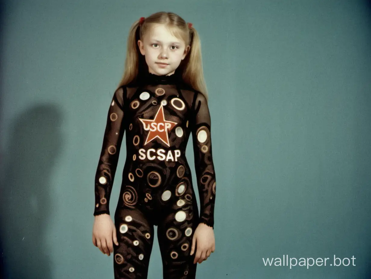 Soviet girl, 12 years old, in a bodystocking with the inscription USSR in space