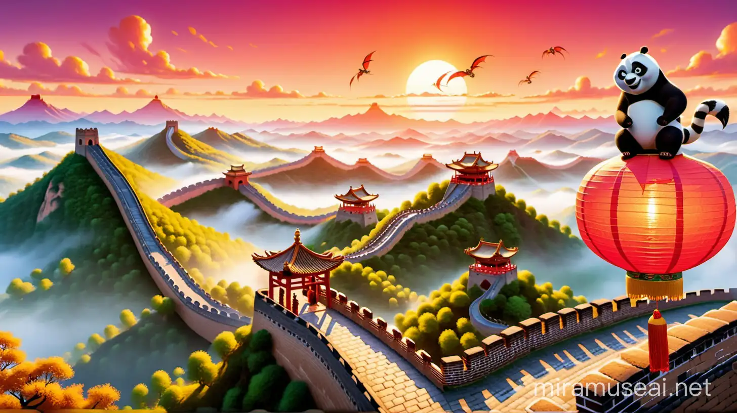 Dragon Soaring Over the Great Wall of China with Kung Fu Panda and Traditional Lanterns