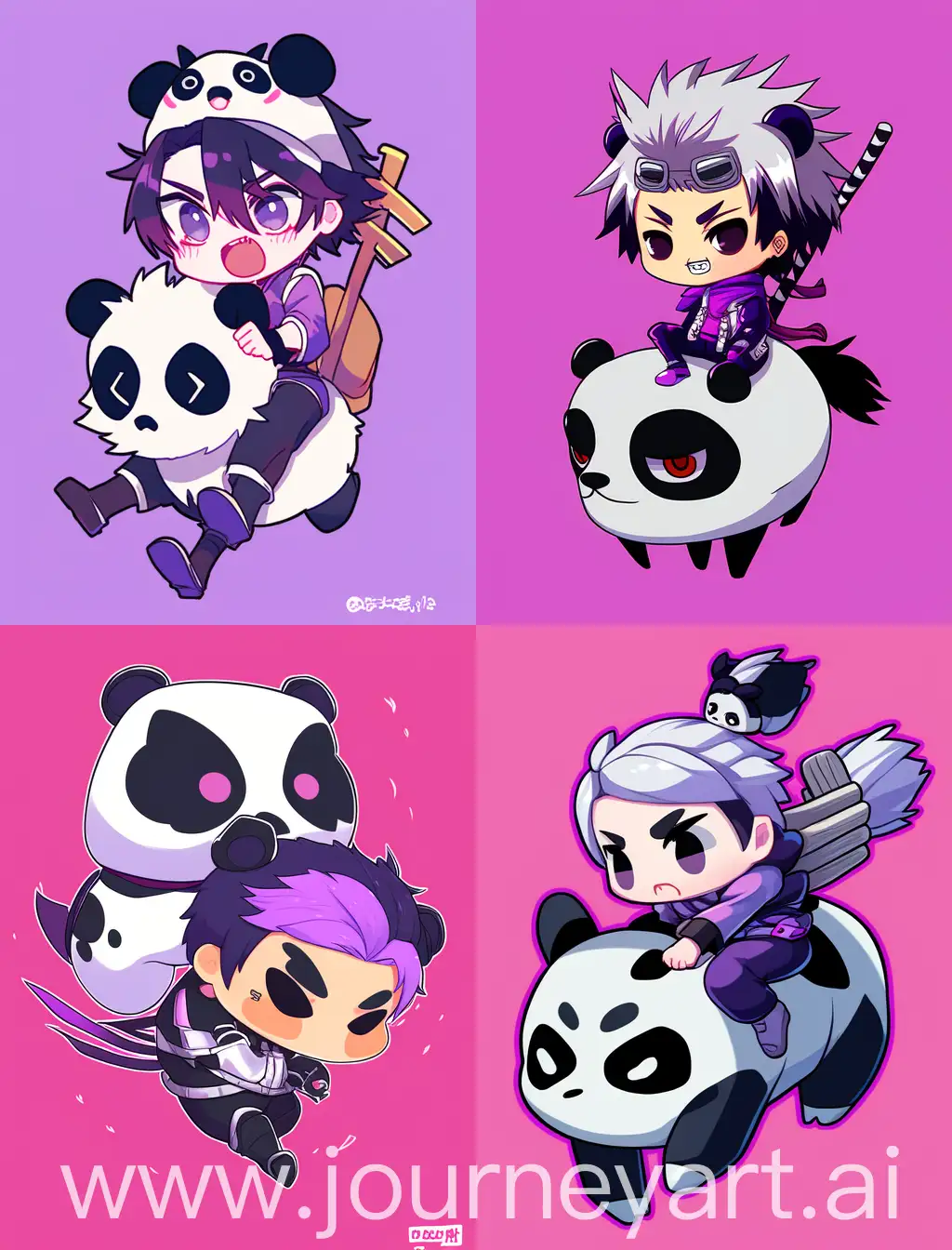 angry chibi anime guy riding a panda, cartoon anime style, with strong lines, with purple solid background