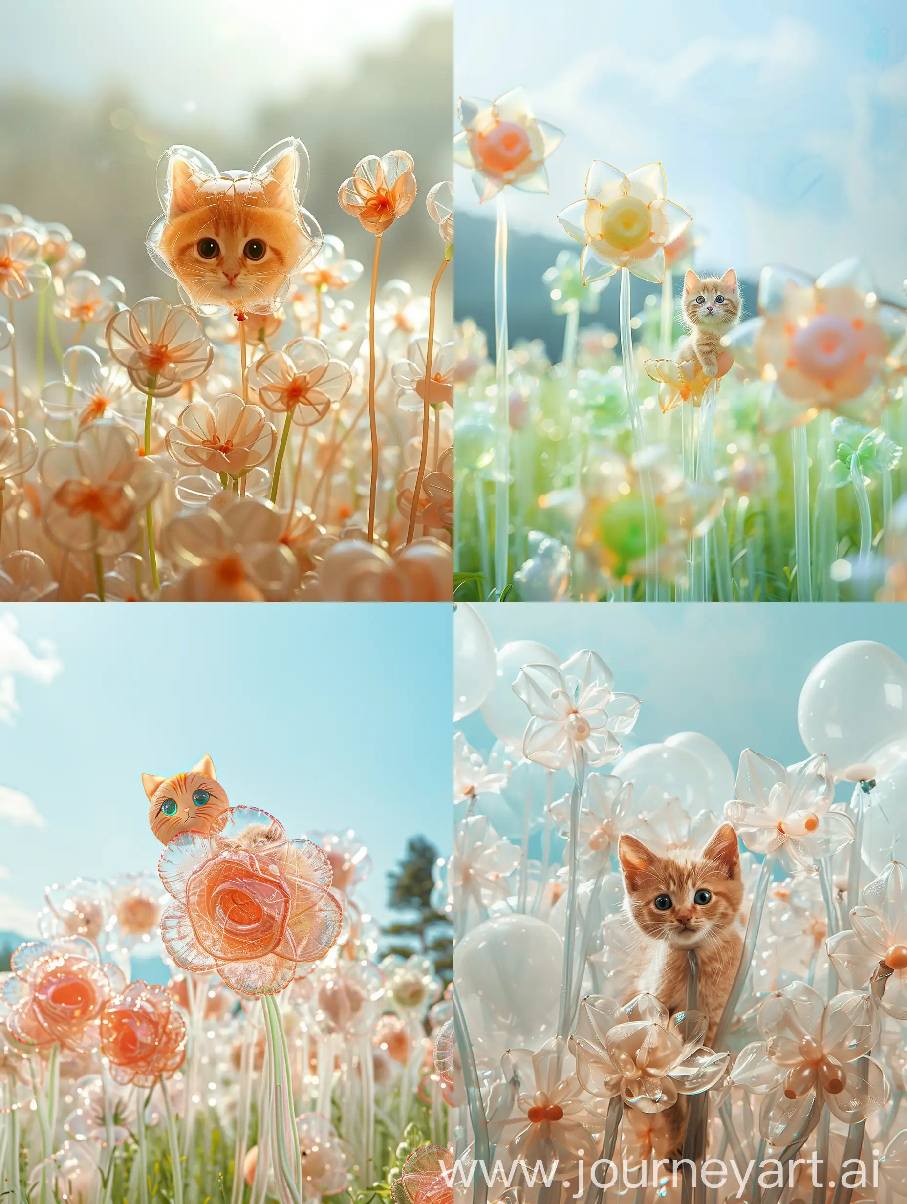 Flowers in a field made from clear light-colored balloons，The head of the flower is a kitten's head
