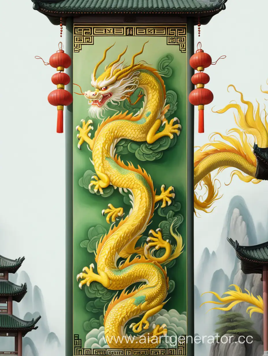 animd style yellow chinese dragon painting on green pillar