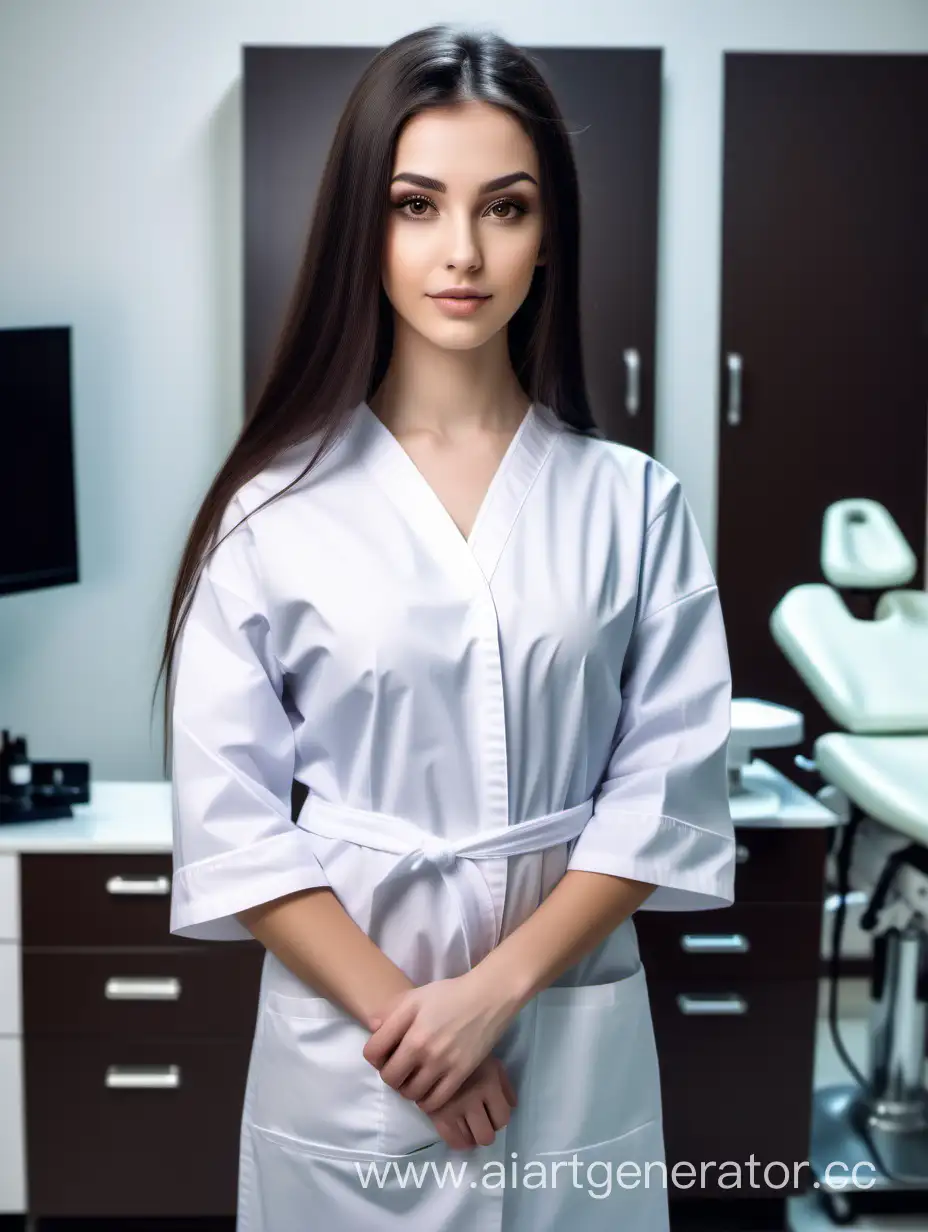 Стройная красивая девушка в медицинском халате, с темными длинными волосами, карими глазами, на фоне косметологического кабинета