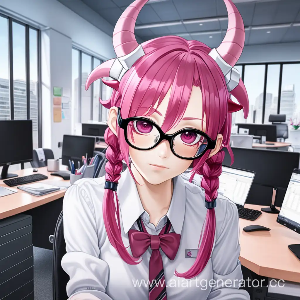 аниме девушка находится в офисе у нее рога очки и темно розовые волосы