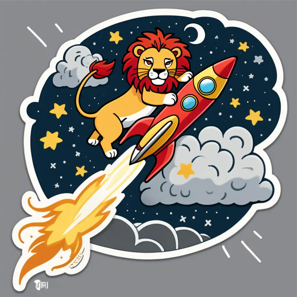 A LION RIDING A RED AND GOLD ROCKET TO THE MOON, IN A STORM. CARTOON STYLE STICKER
