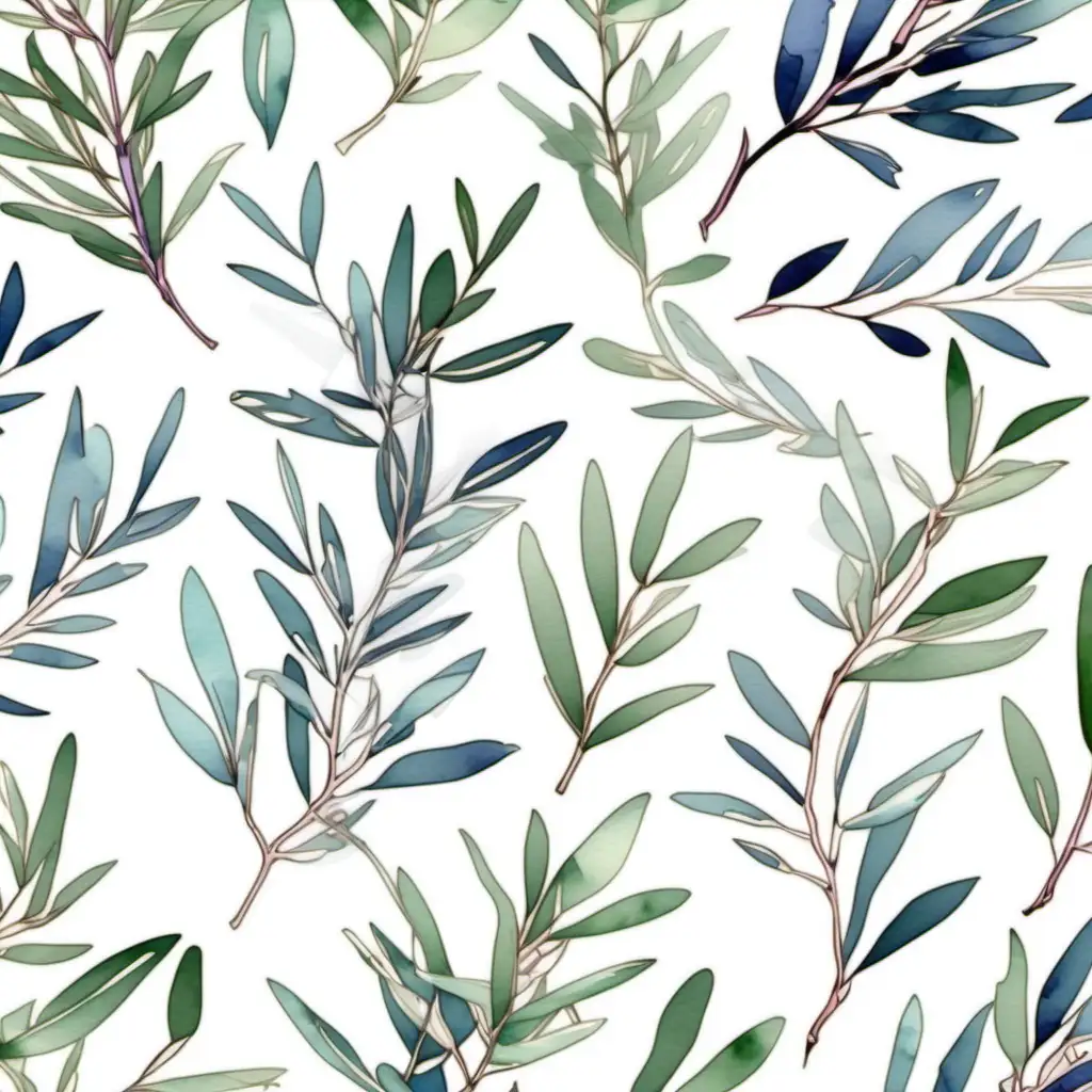 Pastel Watercolor Olive Plant Branches Clipart on White Background Andy Warhol Inspired Tile