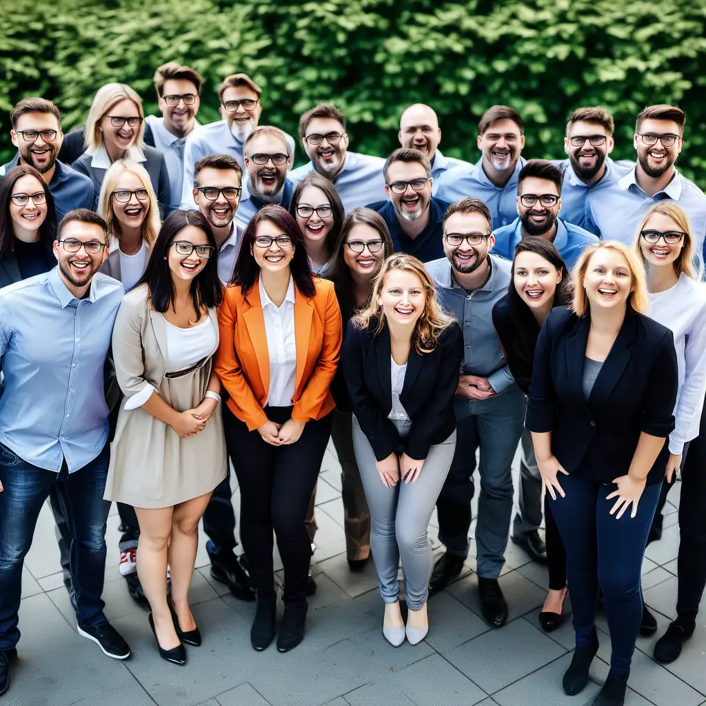 am image of a happy IT team of 29 people standing outside, smiling