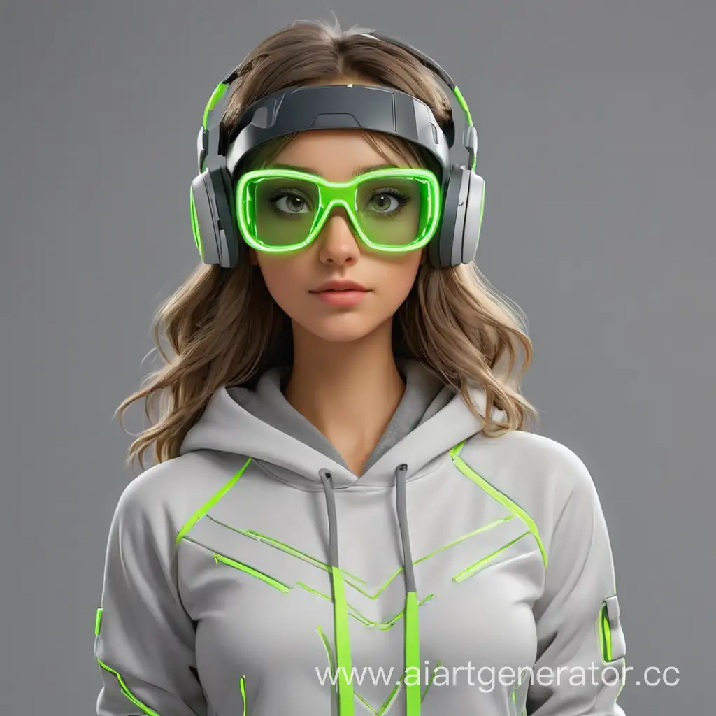 Девушка веб-дизайнер в бело-серой одежде с неоново-зелёными вставками в очках виртуальной реальности, нарисованная в 3D рисовке без фона, творит