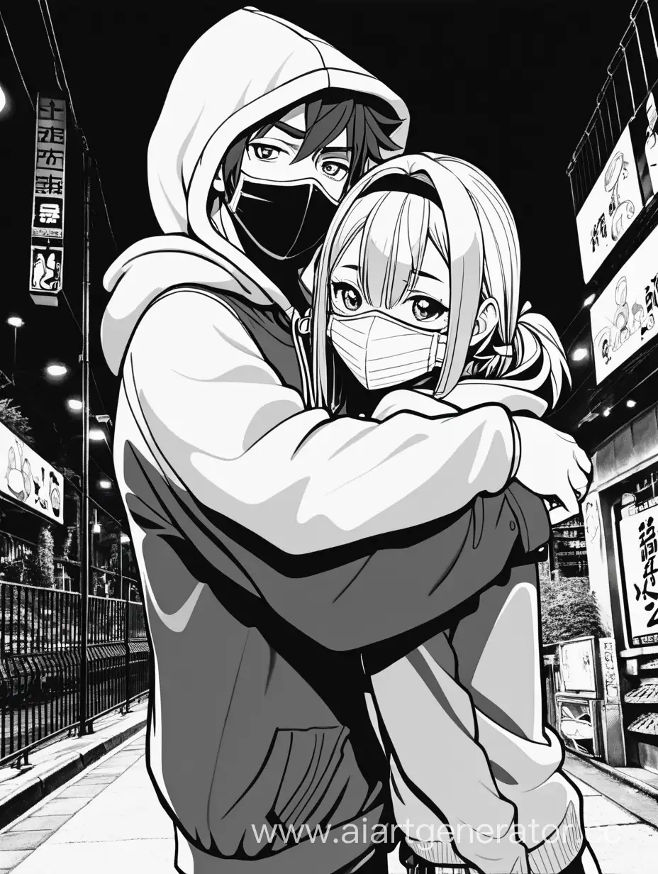 black and white anime picture of a guy in a hoodie and mask with a girl hugging