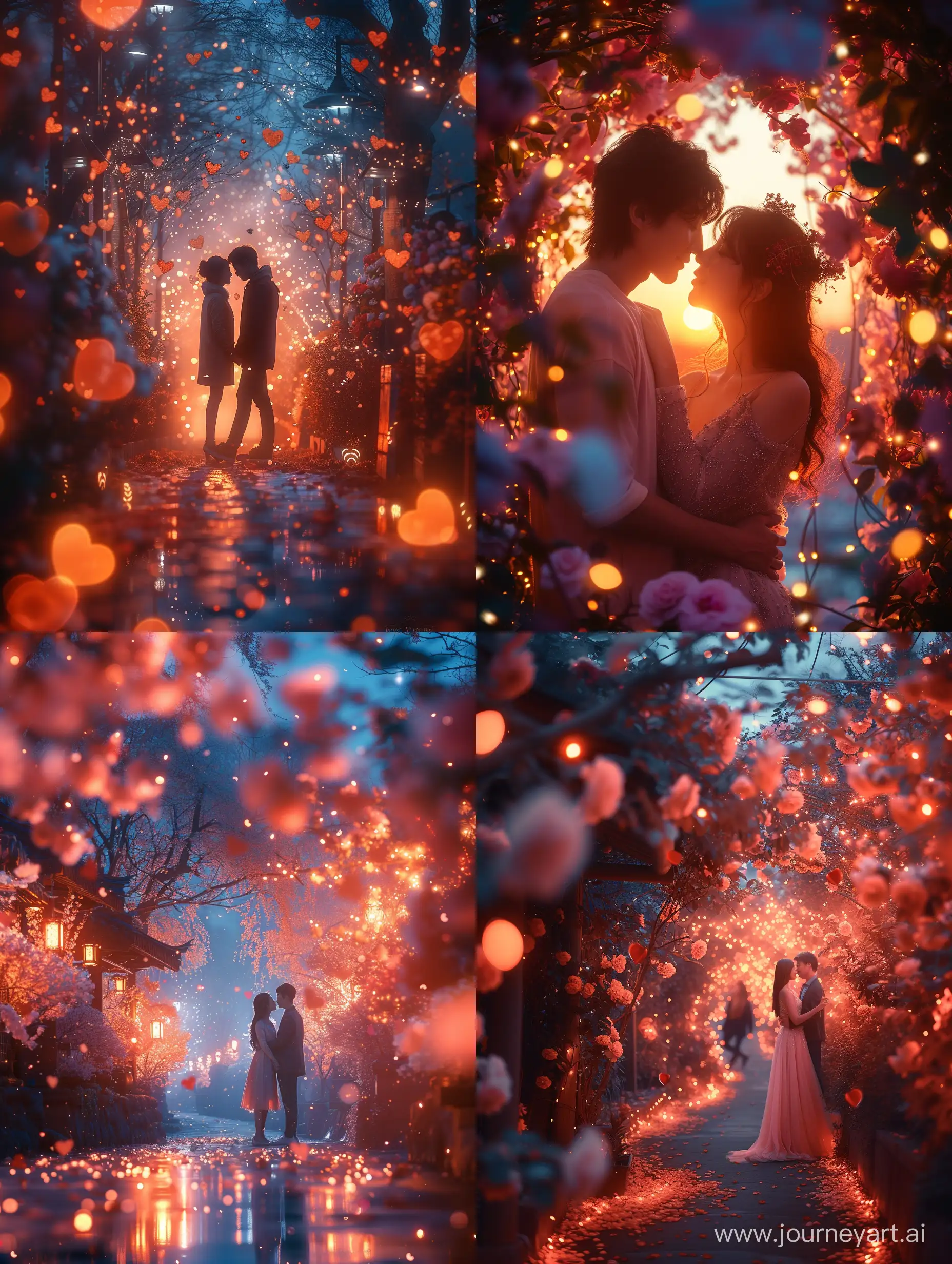 Enchanting-Sunset-Romance-Loving-Couple-Embracing-Amidst-Blooming-Flowers-and-Candlelight