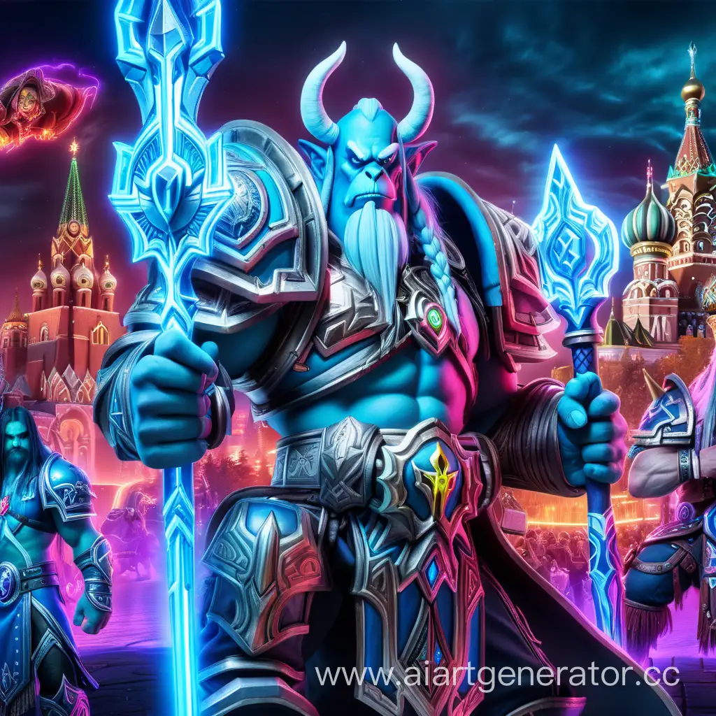 Герои World Of Warcraft в России в неоновой подсветке

