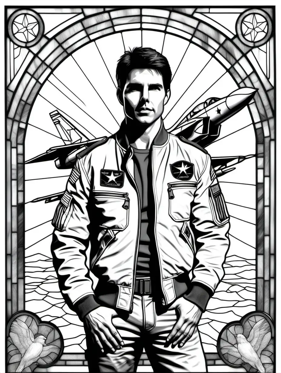 adult coloring page, clean black and white, white background, stained glass with airplanes, tom cruise in top gun, hands in pockets