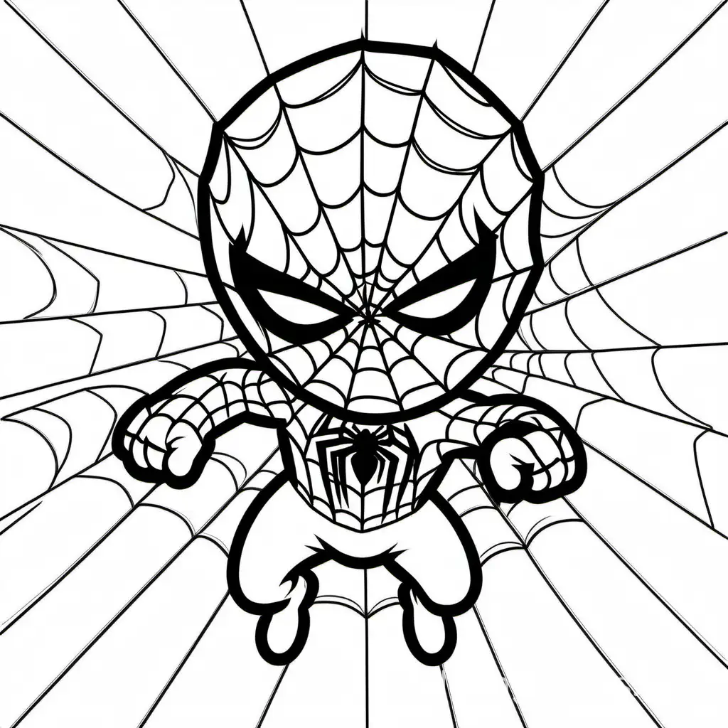 a cute spiderman, Coloring Page, black and white, line art, white background, Simplicity, Ample White Space. The background of the coloring page is plain white to make it easy for young children to color within the lines. The outlines of all the subjects are easy to distinguish, making it simple for kids to color without too much difficulty