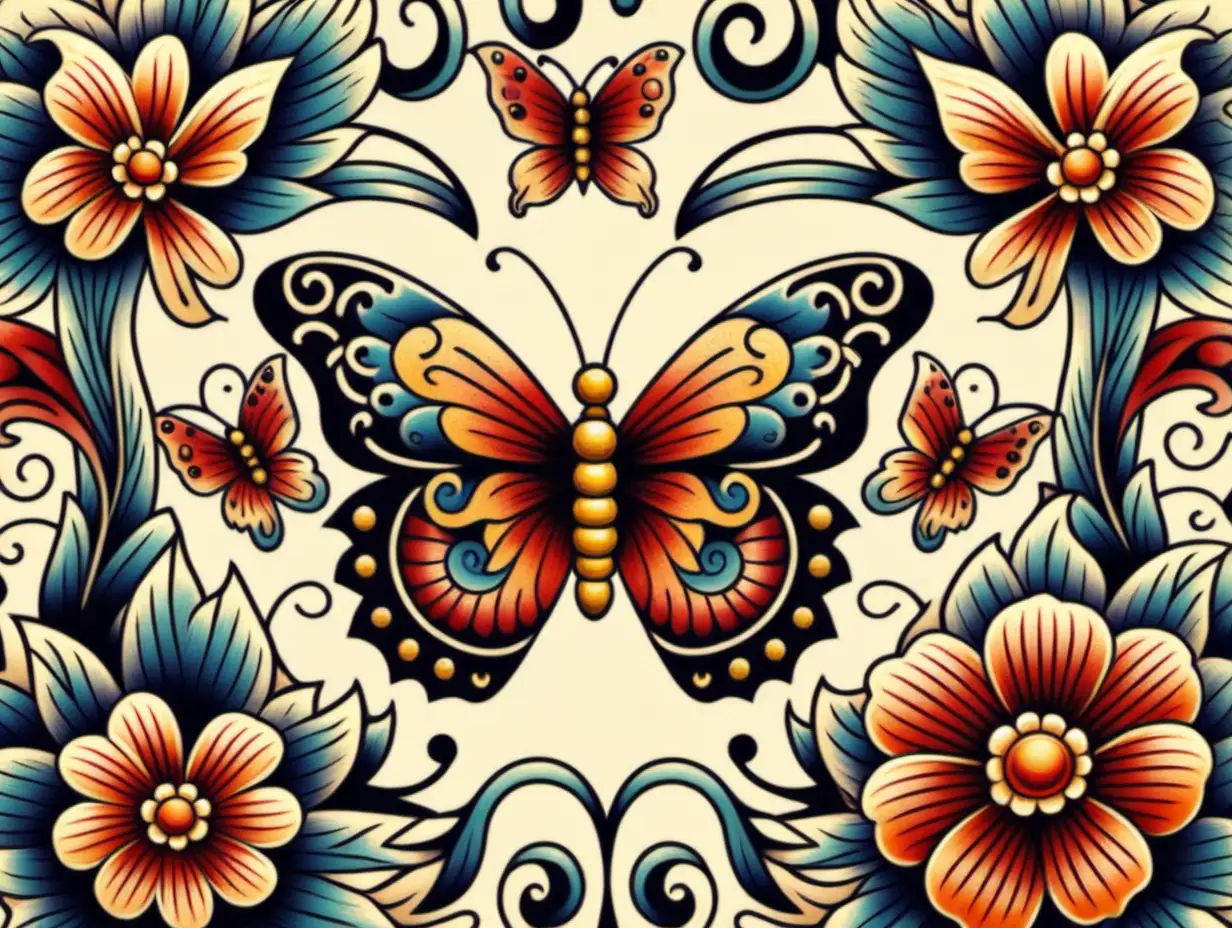 Seamless Oldschool Tattoo Design with Butterfly and Flower