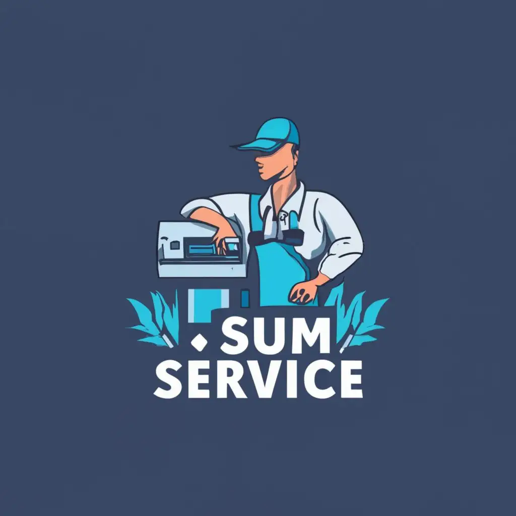 logo, male technician service multifunction printers, with the text "Sum Service", typography, be used in Technology industry