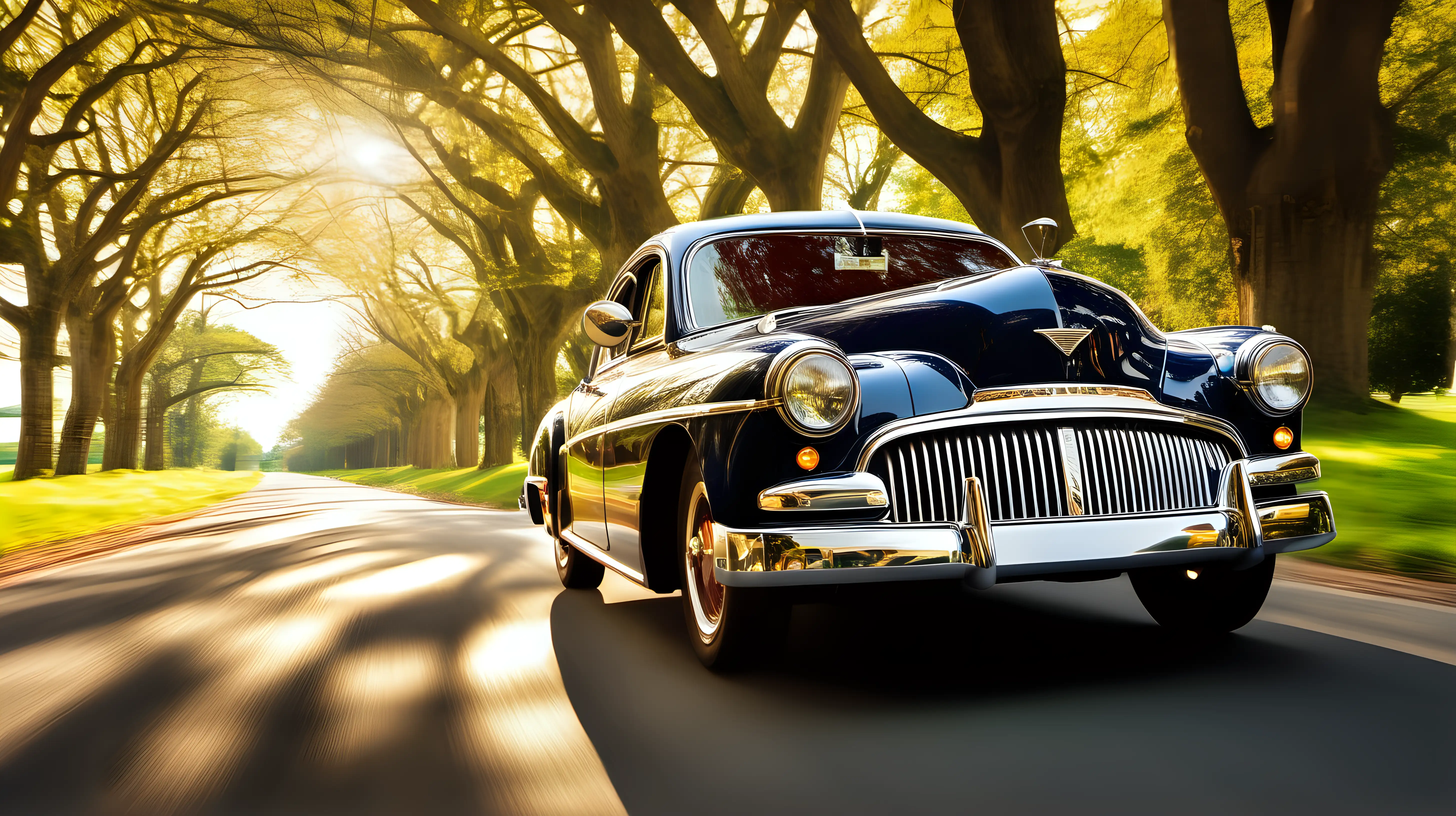 A charming vintage car restored to perfection, its glossy paint job catching the sunlight as it cruises along a tree-lined country road.
