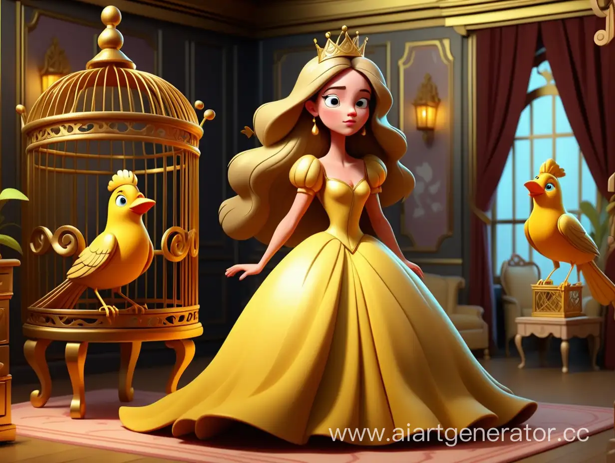  cartoon style, 8k, one princess in a beautiful room, where one golden bird was kept in a golden cage