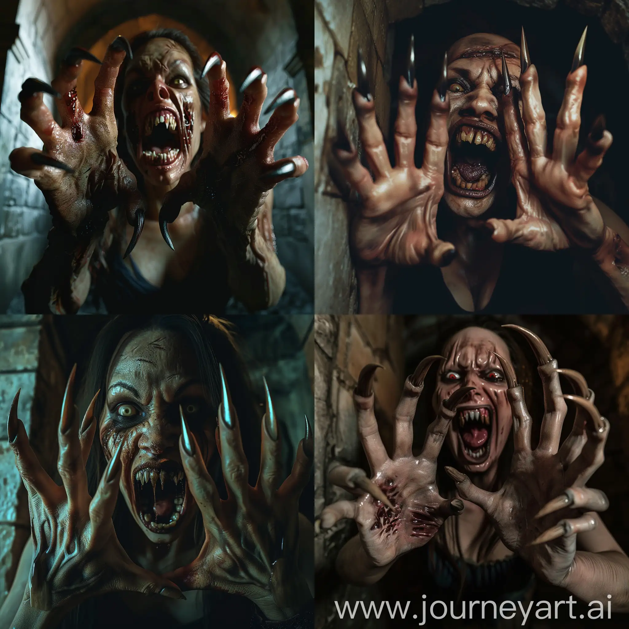 A horrifying nightmare scene of aggressive a zombie woman with pointed claws on her five-fingered hands, her mouth is open with pointed teeth, she attacks you, scene inside old crypt, hyper-realism, cinematic, high detail, photo detailing, high quality, photorealistic, terrifying, aggressive, sharp teeth-fangs, dark atmosphere, realistic detailed, detailed nails, horror, atmospheric lighting, full anatomical, human hands, very clear without flaws with five fingers
