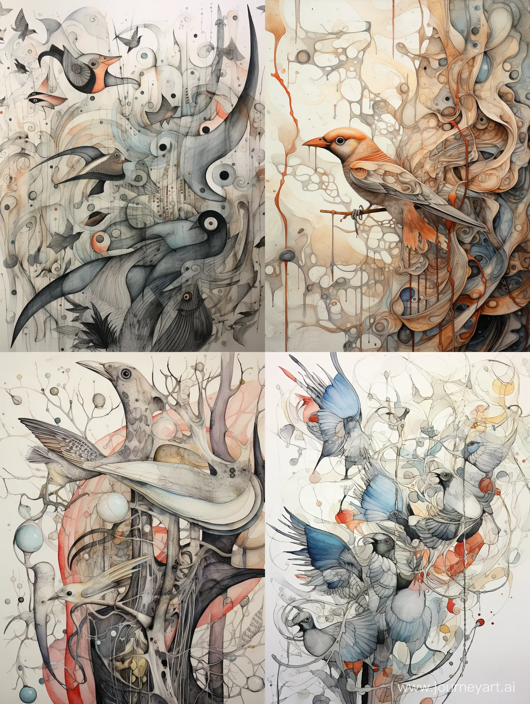 Abstract-Ink-Drawing-of-Delicate-Bird-and-Fish-Jaws-in-Muted-Colors
