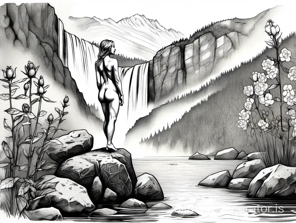 Botanical Ink Drawing Naked Girl with Magnificent Body by Mountain River  and Waterfall | AI Image Generator