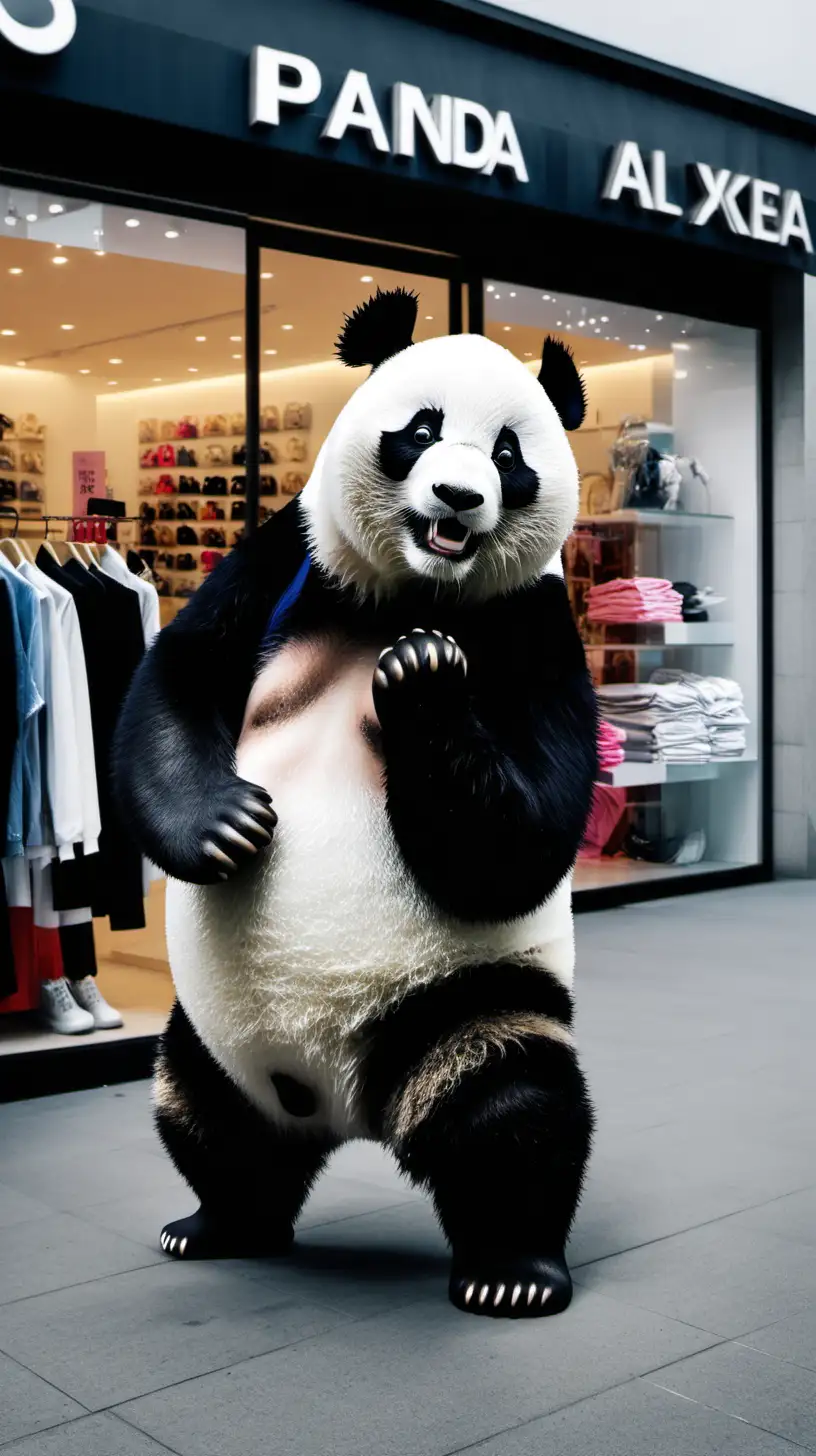 Панда стоит перед магазином одежды 