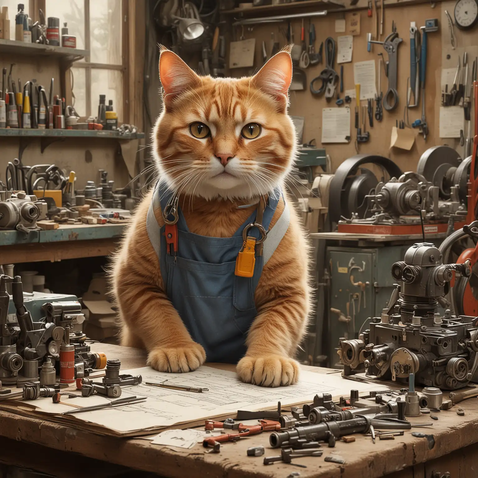 Clever Cat Mechanic Supervising Busy Repair Shop with Furry Assistants