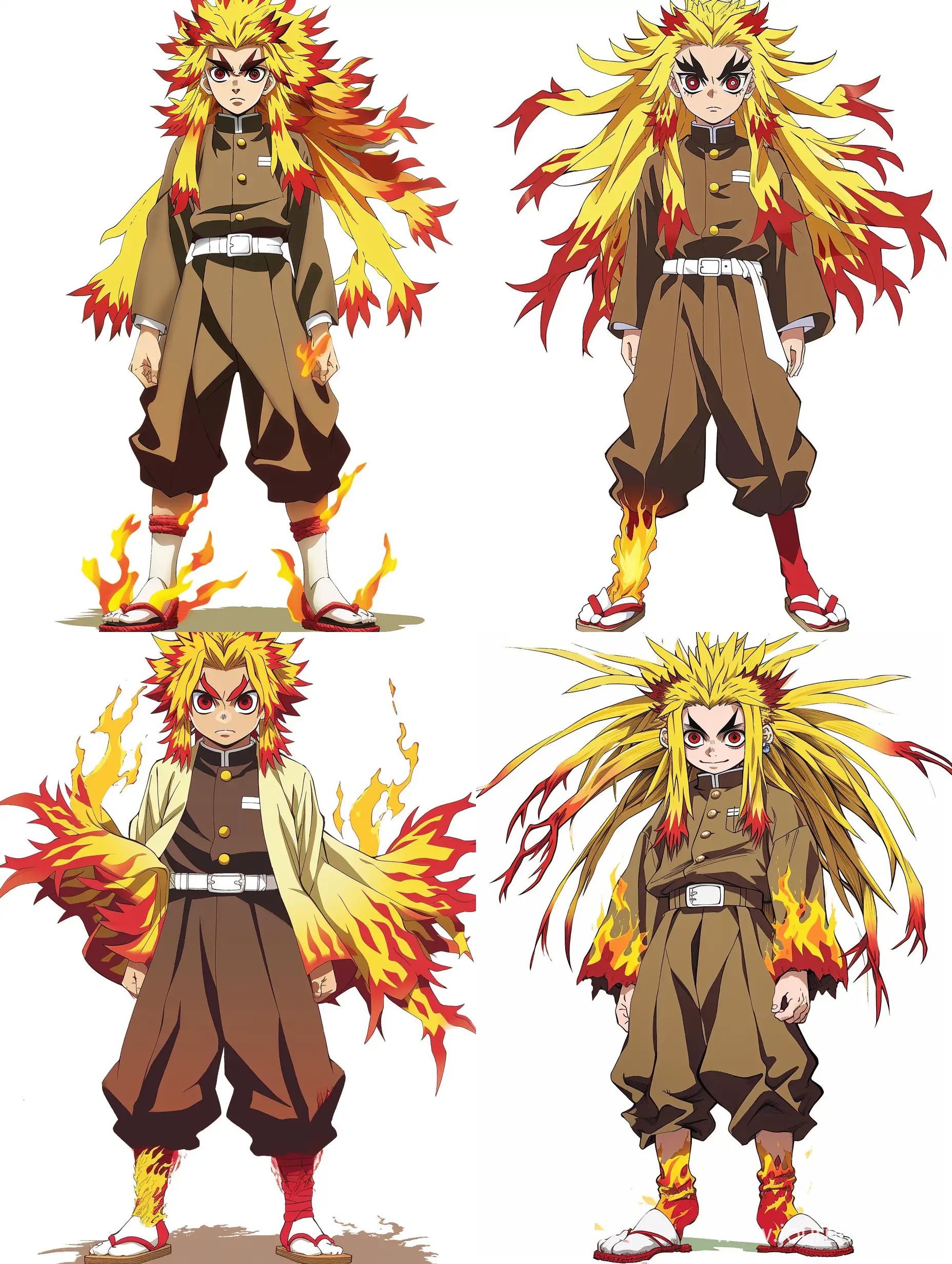 a young tall guy with a strong build. The most striking feature of his appearance is his bright yellow hair with long strands turning red in places. He is also distinguished by thick forked eyebrows and wide-open eyes. He wears a lighter, brown uniform. Over his uniform, he wears a haori with a flame-like pattern and protrusions at the hem,. On his feet he wears red tabi socks with yellow flames erupting from the bottom up, with a pair of white dzauri with red straps.