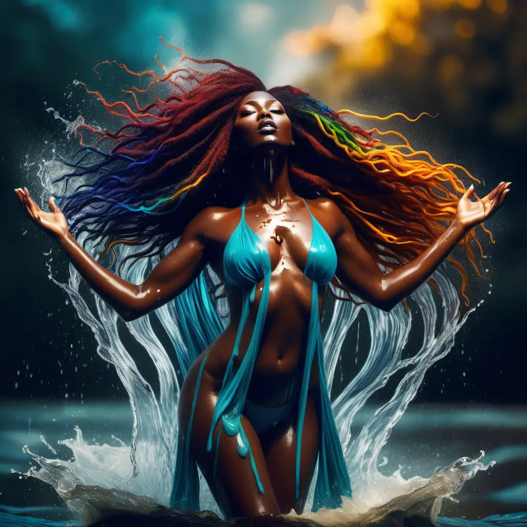  a melanin woman rising , elegantly from a body of water. Her hair is whisping from the water, she is dripping wet and wearing a shear covering. She appears as a goddess and there are bold colors used The picture should embody, fantasy, beauty, strength, power and courage