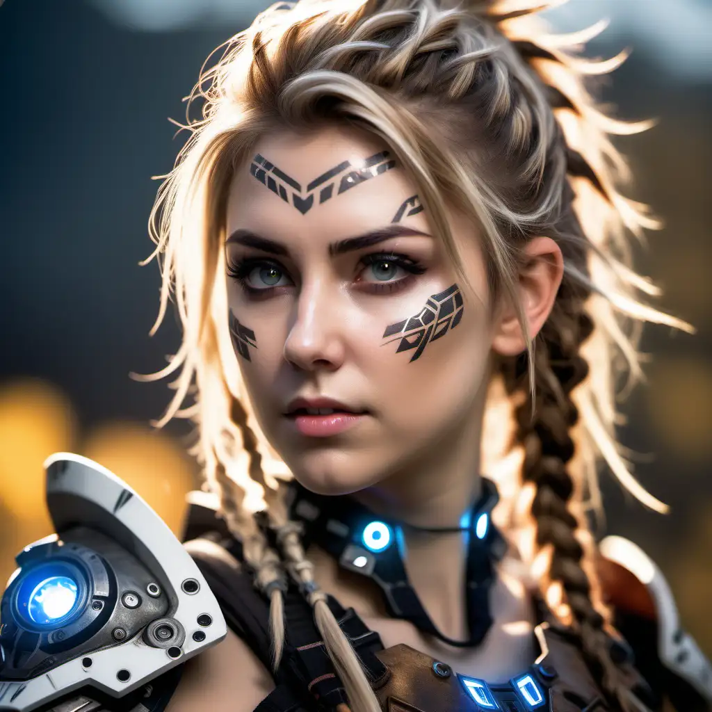 Beautiful Nordic woman, very attractive face, detailed eyes, big breasts, slim body, dark eye shadow, messy blonde hair, wearing a Horizon Zero Dawn armor cosplay outfit with a Focus device on the side of her head, close up, bokeh background, soft light on face, rim lighting, facing away from camera, looking back over her shoulder, Illustration, very high detail, extra wide photo, full body photo, aerial photo