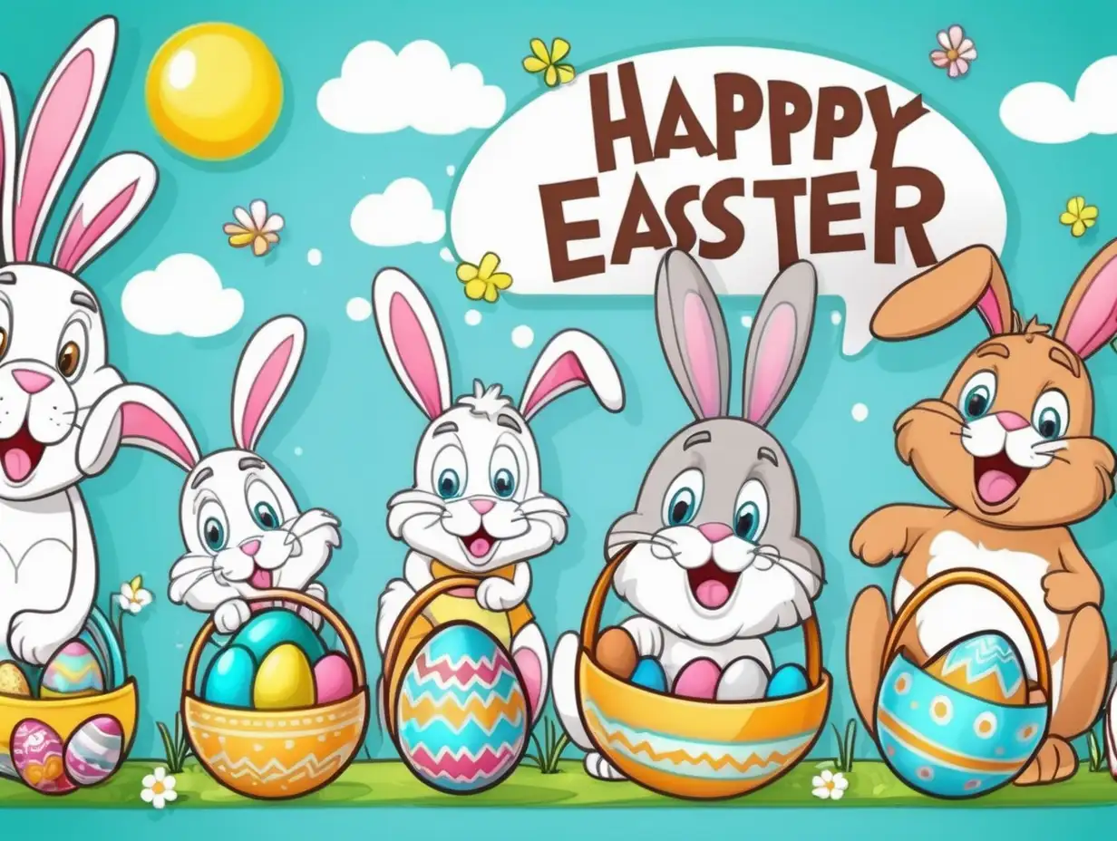 Cheerful Easter Bunny with Colorful Eggs in Cartoon Banner