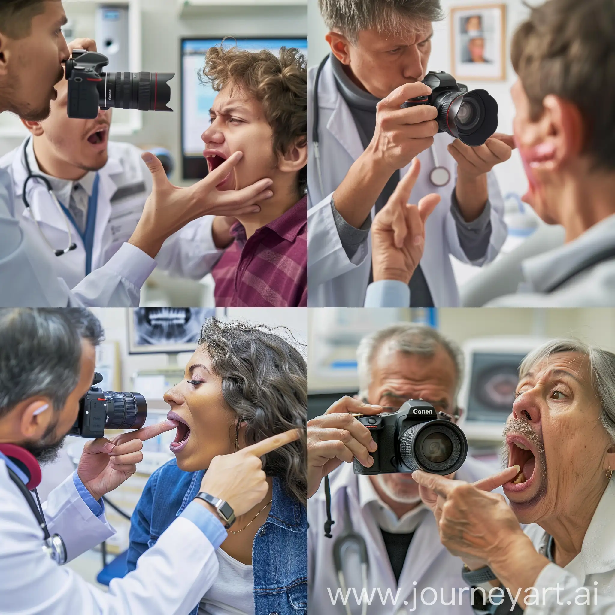 画面中有一名耳鼻喉科医生和一个患者，在治疗室，医生手拿相机，正在拍摄一个患者的喉咙，患者手指着自己的喉部，嘴巴张开成o形