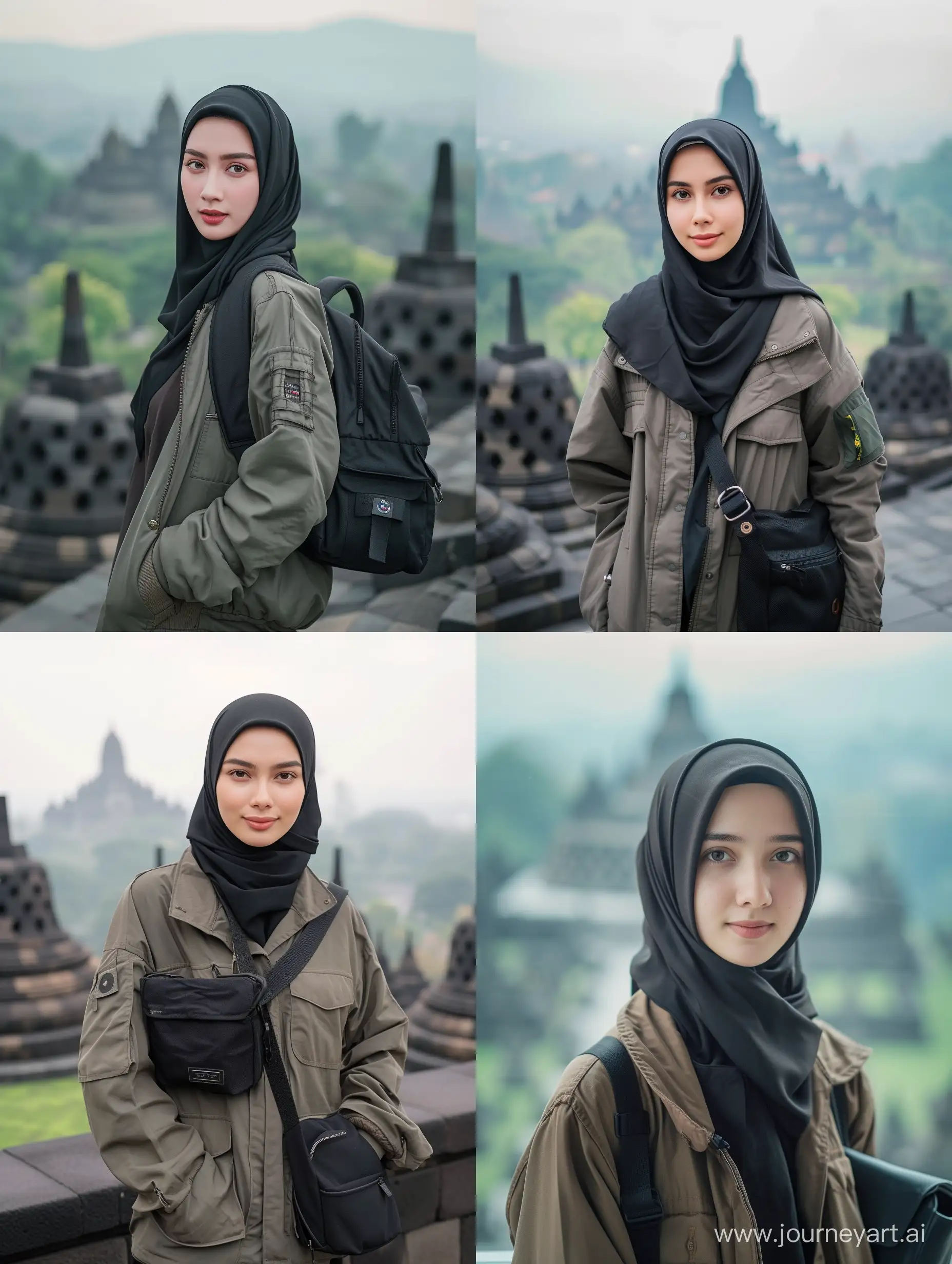 Beautiful Indonesian Javanese hijab woman (25 years old, oval and clean face, ideal body, straight and neat black hair, Indonesian skin, wearing a trucker jacket and black bag, standing pose, photography style front photo, visible face, view of Borobudur temple behind her, atmosphere bright ultra HD, real photo, high detail, very sharp, 18mm lens, realistic, photography, leica camera