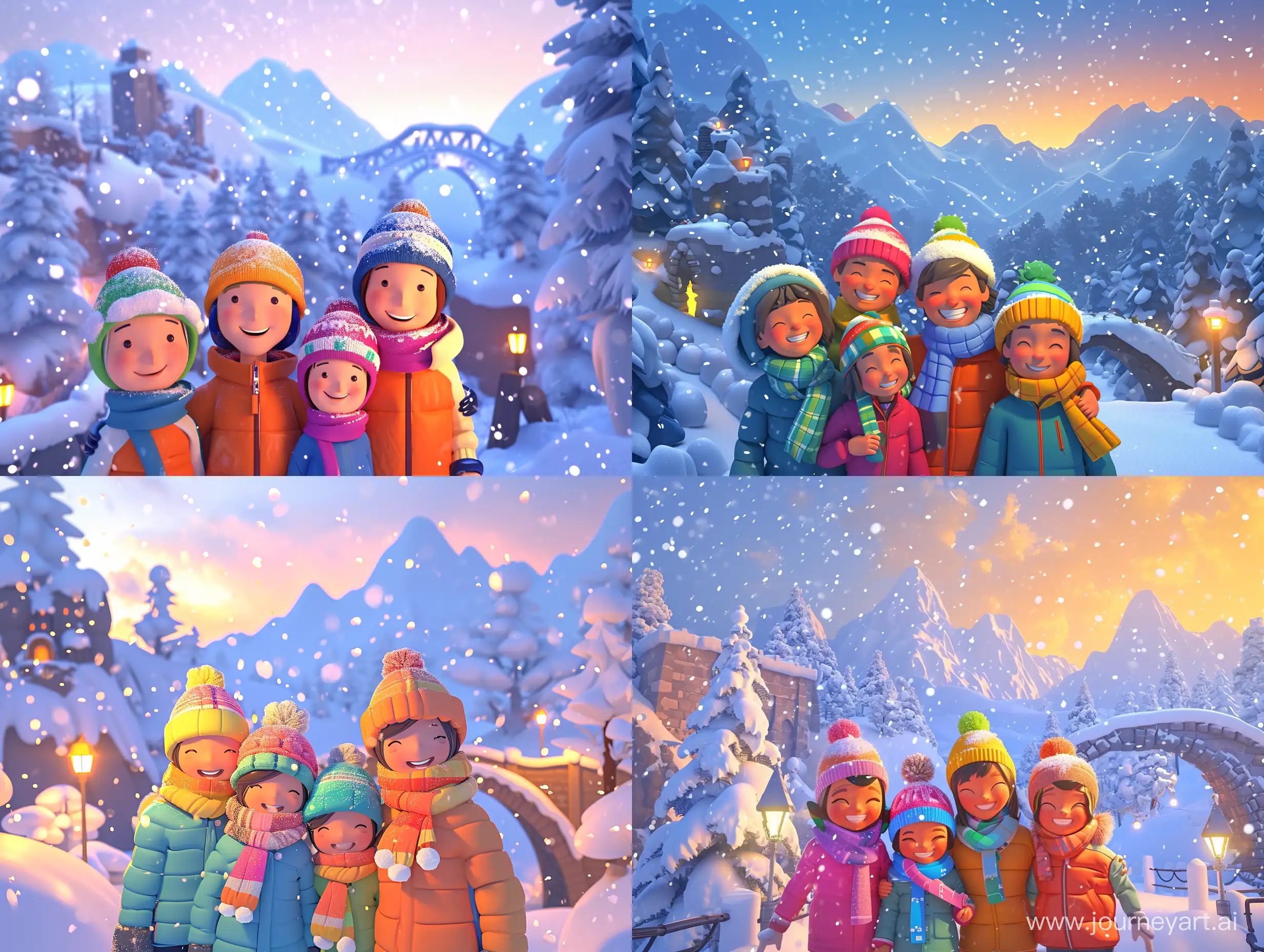 3D Cartoon style of  "A family of four stands against a backdrop of mountains covered in fluffy white snow. They are smiling happily, their brightly colored hats, scarves, and down jackets showing reflections of the orange setting sun. Behind them spreads a magical snowy forest of snow-curved trees. To the right rises the icy arch of a bridge spanning the gorge. To the left, the snow-covered ruins of a castle on a cliff could be seen. Soft flakes of snow fall slowly around the family. The lights of a distant village twinkle in the distance. A breathtaking winter landscape with unusual details."peaks can be seen in the distance.