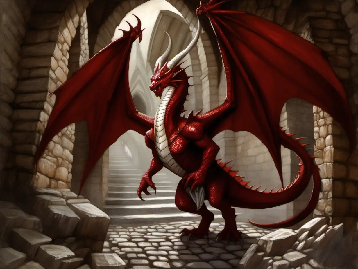 red dragon, white horns, vain, underground, brown cobblestone, Medieval fantasy painting, MtG art