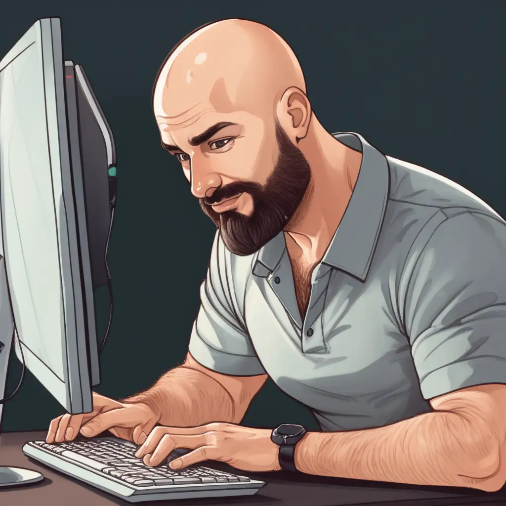 Contented Bald Man with Dark Beard Engaged in Computer Work