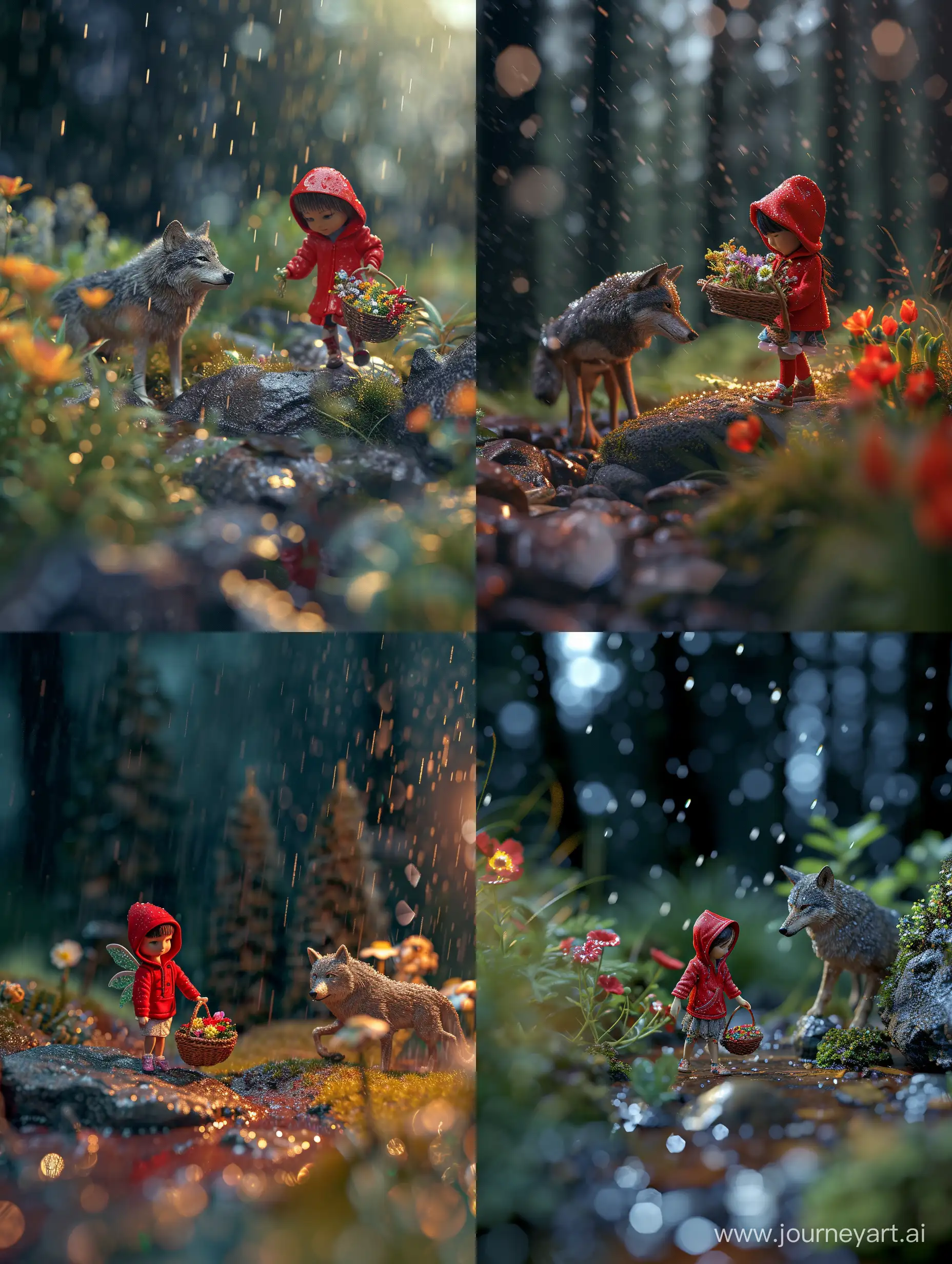 Create an image of a fairy forest ,in the middle of the night, it's raining,macro shot colour details,natural lighting,subsurface scattering,soft light,bokeh,a minature tiny little girl wearing red hoodie while walking while holding a basket full with flowers,miniature wolf hide behind a rock,ultra detailed,hd