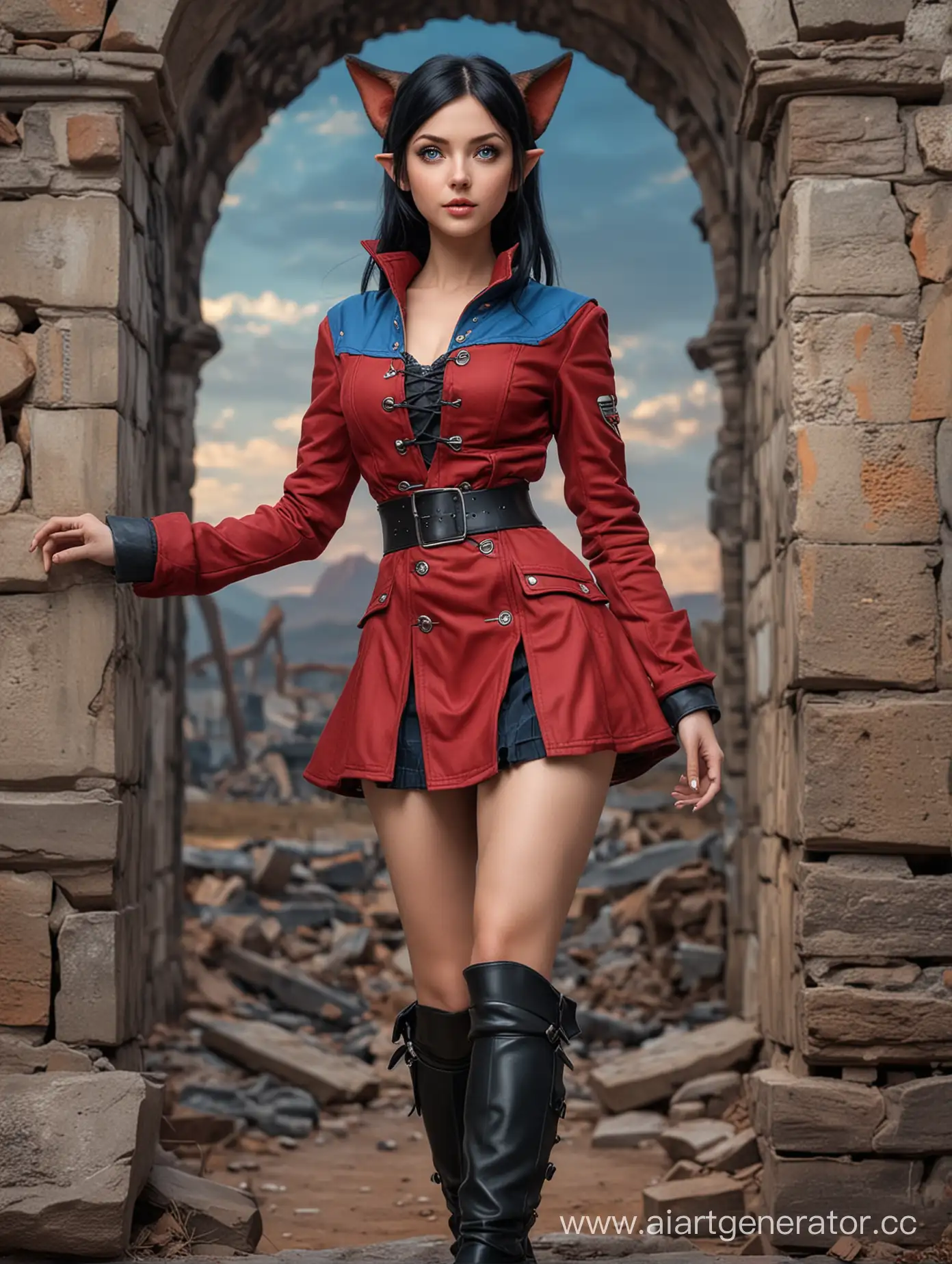 Stunning girl character in realistic style (cut black hair, big expressive skyblue eyes, cute face), hot luscious lips, upward turned not long elf ears, full 180cm body, slender fit figure (slim waist, wide hips, big breasts), beautiful long legs. Wearing tight short darkblue dress under roomy red fieldjacket, black combat high-heeled boots, fingerless gloves, cat ear rim. Stands in the fantasy ruins at the sunset.