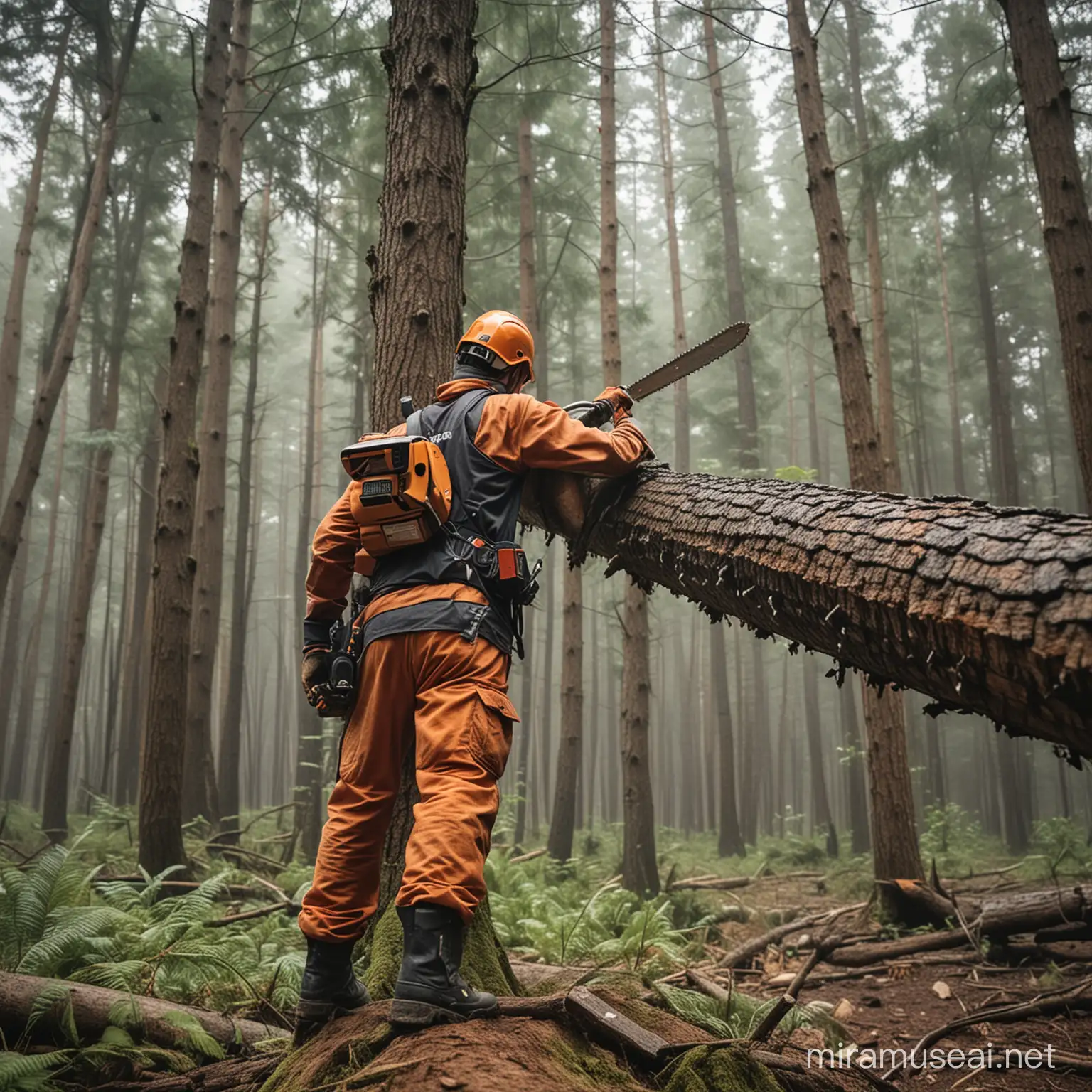  standing on two straight legs a chainsaw operator stretches one hand above shoulder level, to fell a big tree in the forest.